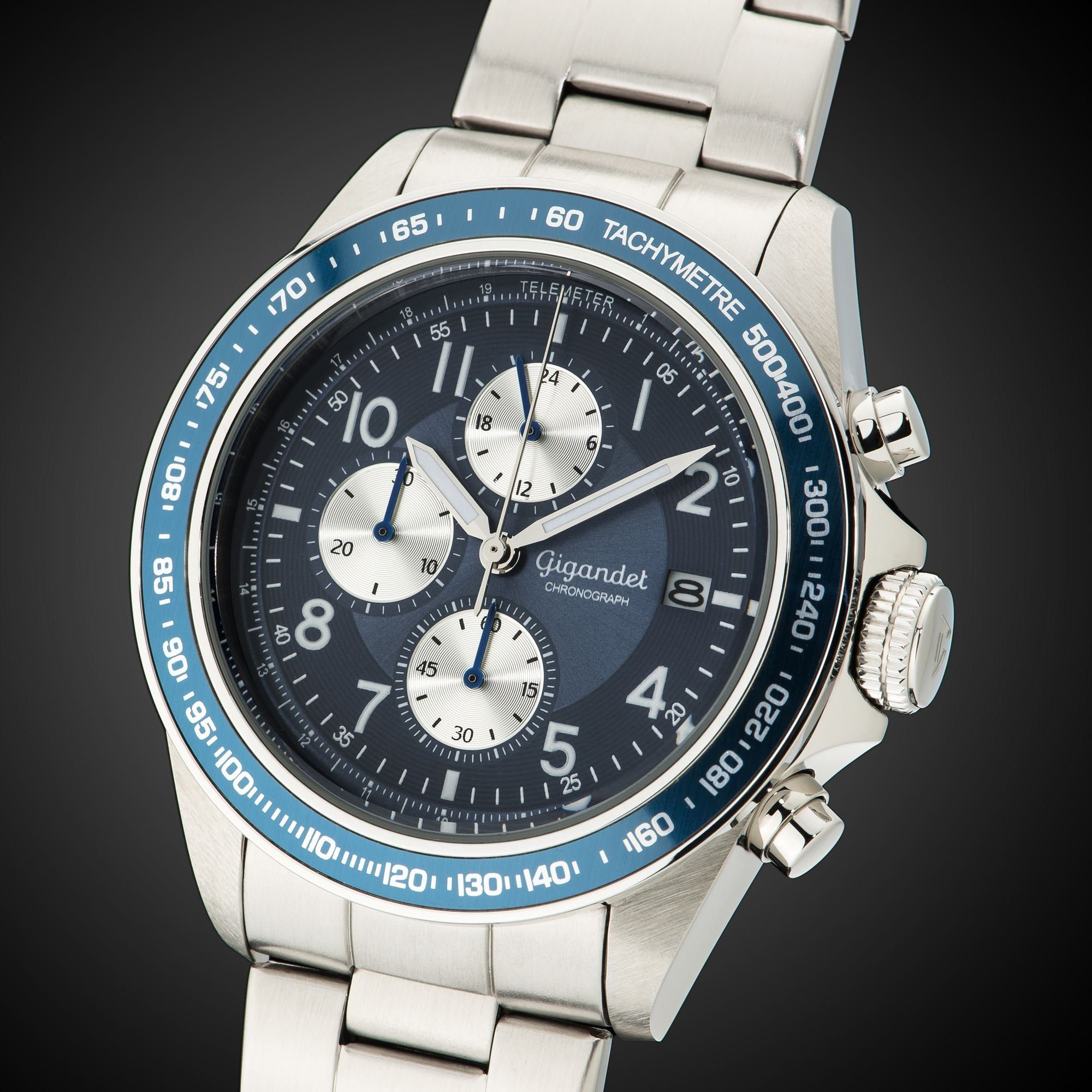 Gigandet Chronograph Herrenuhr, Armbanduhr, Sportuhr, 43mm, RACETRACK G24-004, Mineralglas, Datumsanzeige, Edelstahlband, 10bar/100m wasserdicht