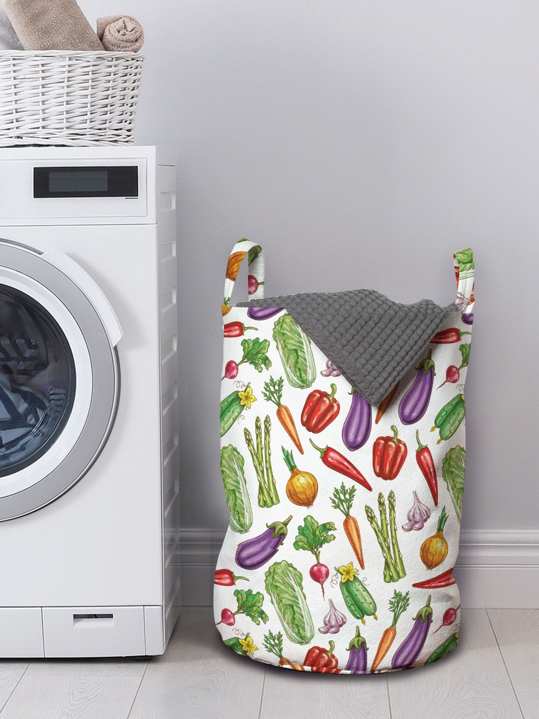 Kordelzugverschluss Wäschekorb Lebensmittel Gemüse für Abakuhaus mit Waschsalons, detaillierte Griffen Kunst Wäschesäckchen