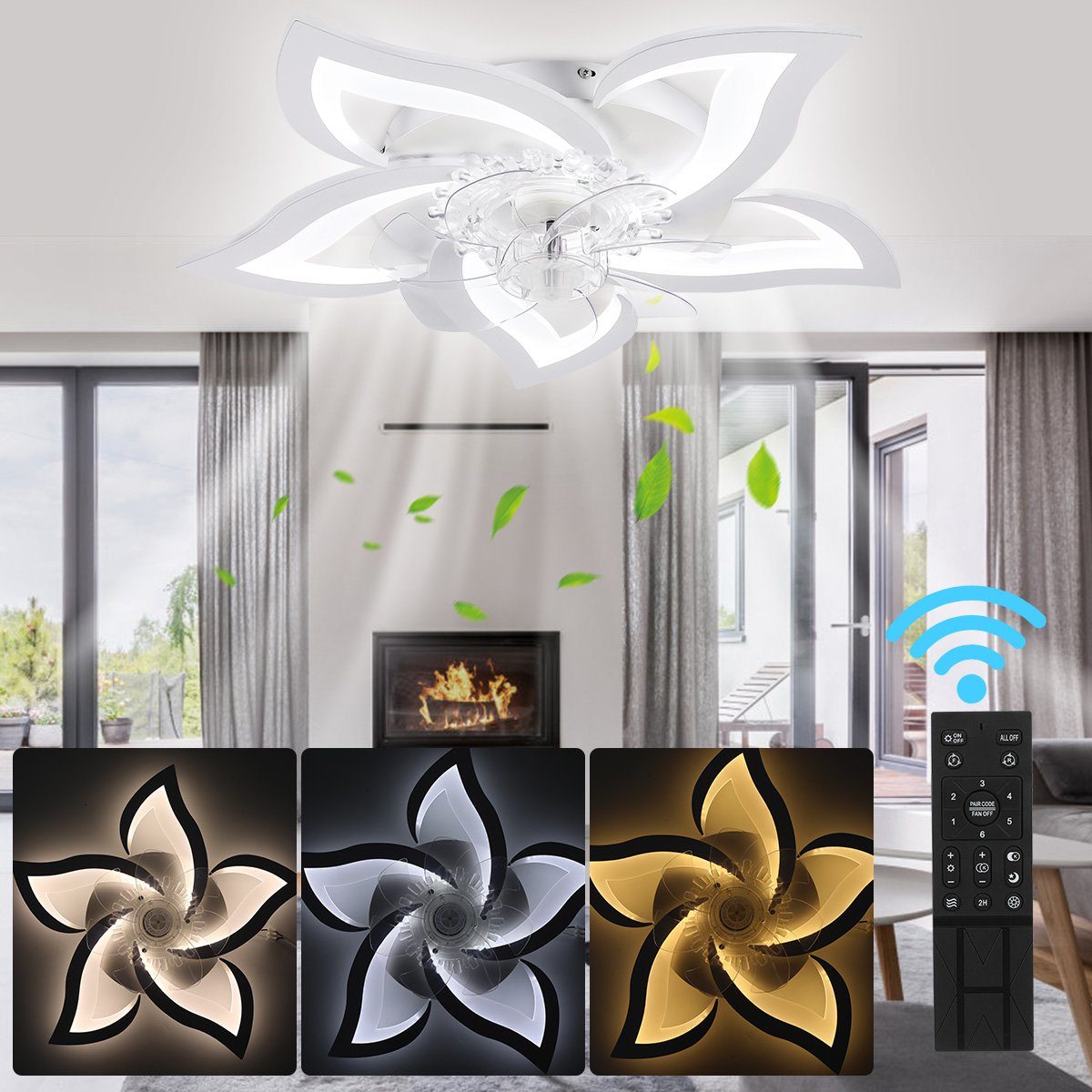 Acryl Deckenleuchte Blumenform integriert, Mit 5000LM, LED fest Leise Warmweiß, Dimmbare, Deckenleuchte Wohnzimmer OULENBIYAR Lampenschirm Beleuchtung, LED Lampen Fernbedienung, Kaltweiß, 60W Naturweiß, Deckenventilator