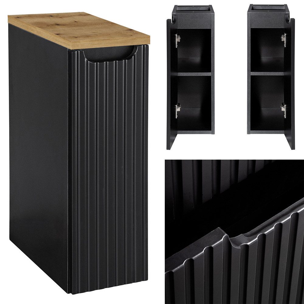 Lomadox Badkommode NEWPORT-56-BLACK, 20 cm Badezimmerschrank 40 cm tief Badschrank schwarz gerillt Eiche