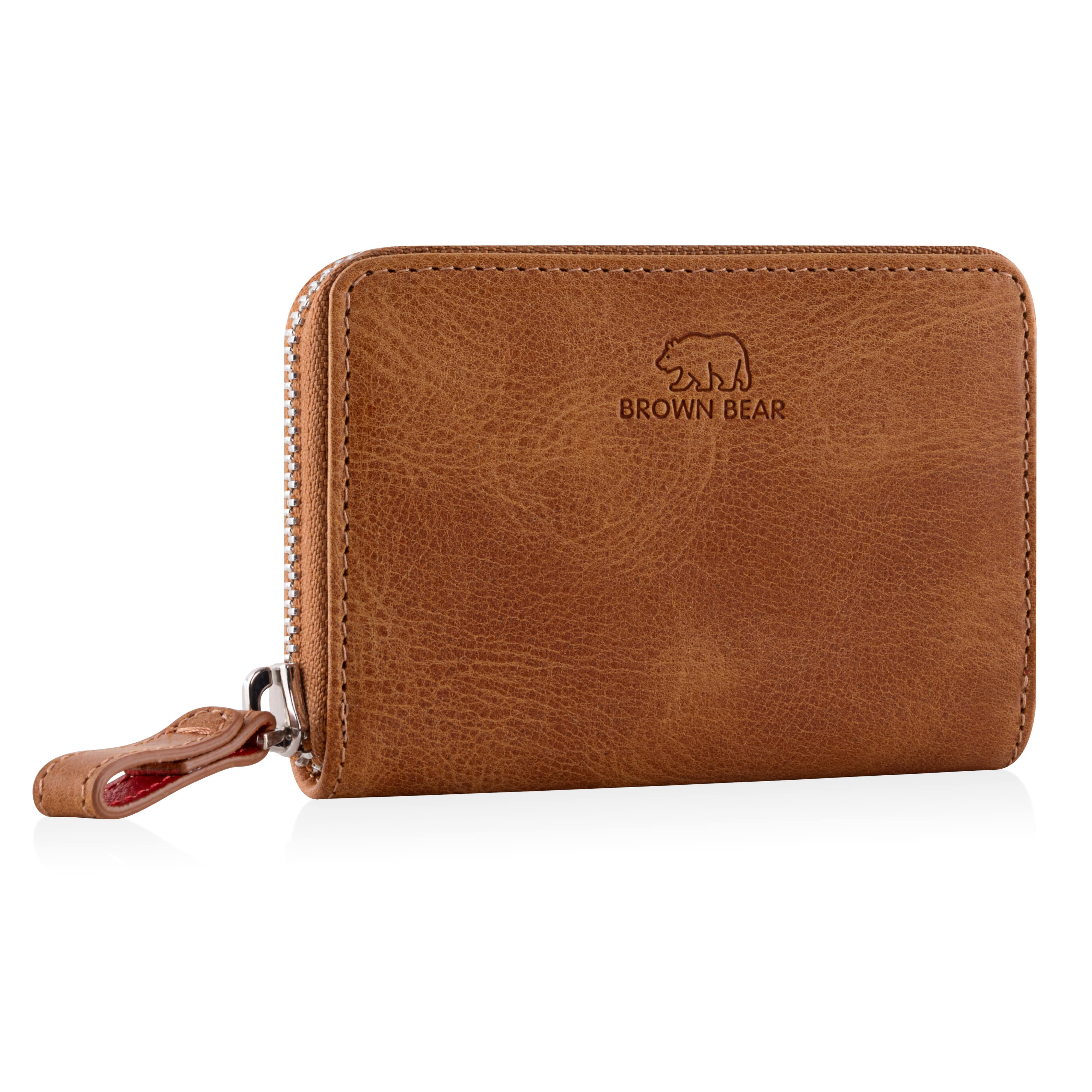 Brown Bear Geldbörse Slim Kai mit umlaufendem Reißverschluss, mit RFID-Schutz und 4 Kartenfächern Farbe Cognac Vintage