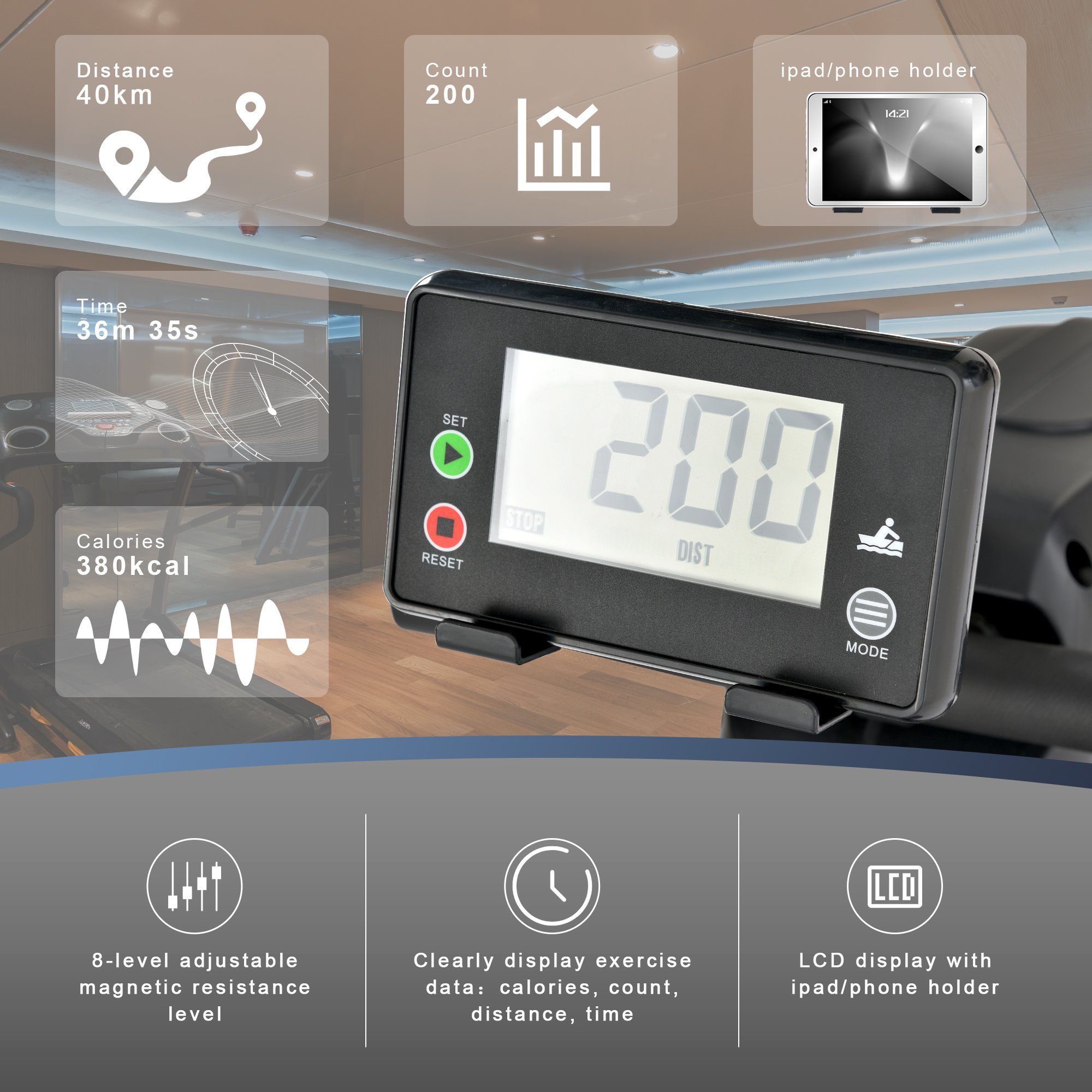 Luftwiderstand, mit Ulife LCD-Monitor klappbar Air Rudergerät Magnet,8-stufig, Dual Rudergerät