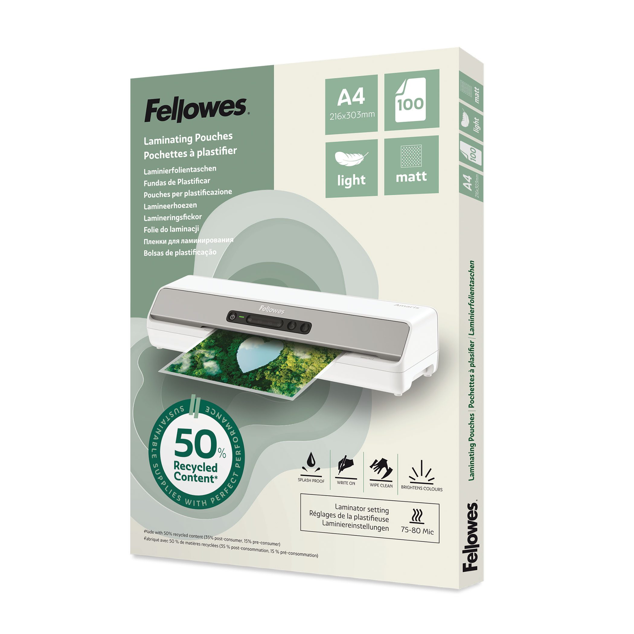 FELLOWES Laminierfolie Fellowes A4 Laminierfolien – 100 Stück, 75/80 Mikron, Matt – 50% Recy, A4, 80 µm, Matt, 100 St., 50% Recyclinganteil, Matt