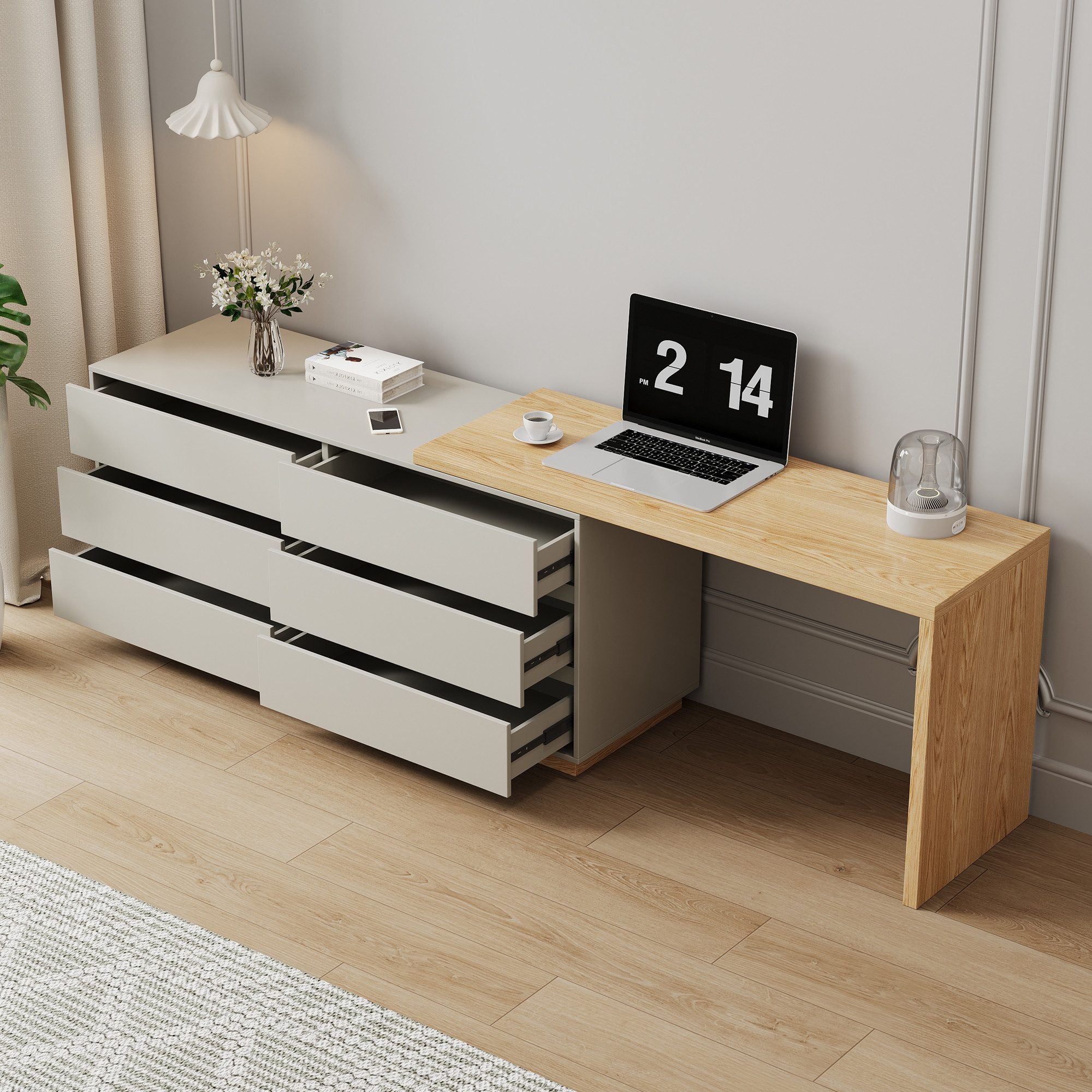 oleyluckidea Schreibtisch L-förmiger Schreibtisch mit 6 Schubladen, verstellbar, Holz (ein Tisch), Breite 140 cm
