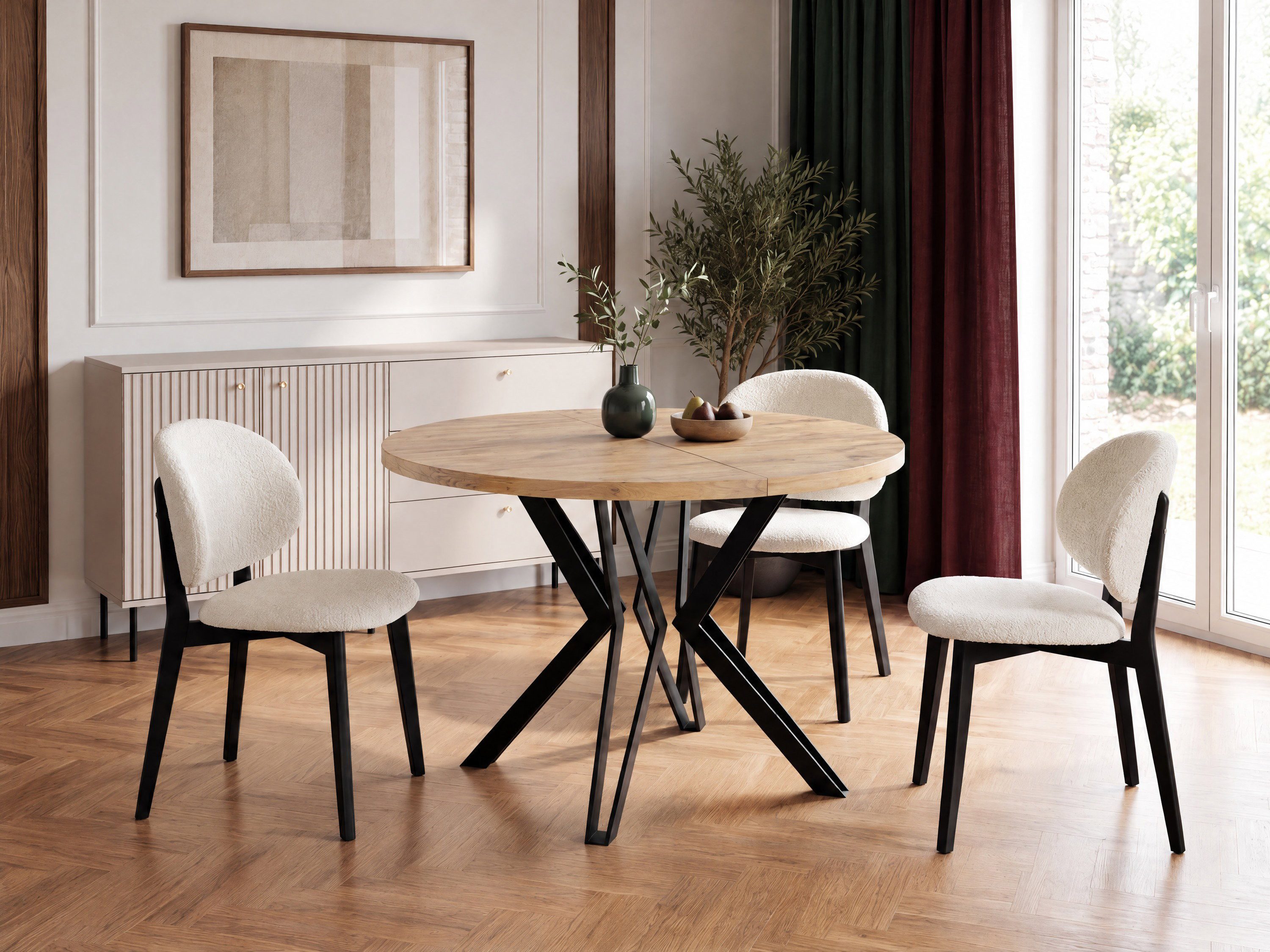 WFL GROUP Esstisch Revena ausziehbarer rund industrial mit schwarzen Metallbeinen (MADE IN EU, erhältlich in zwei Größen – 100/120 cm, ausziehbar auf 180/200 cm), platzsparender Tisch für Küche, Esszimmer oder Wohnzimmer
