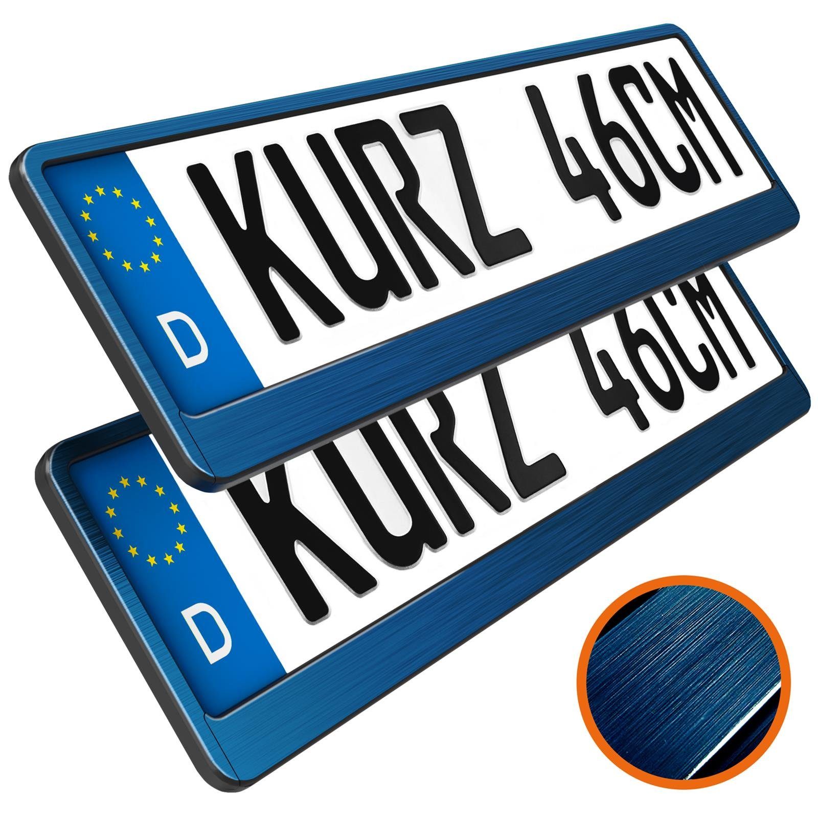 L & P Car Design Kennzeichenhalter für Auto 46 cm in Blau Chrom gebürstet für kurze Kennzeichen, (2 Stück)