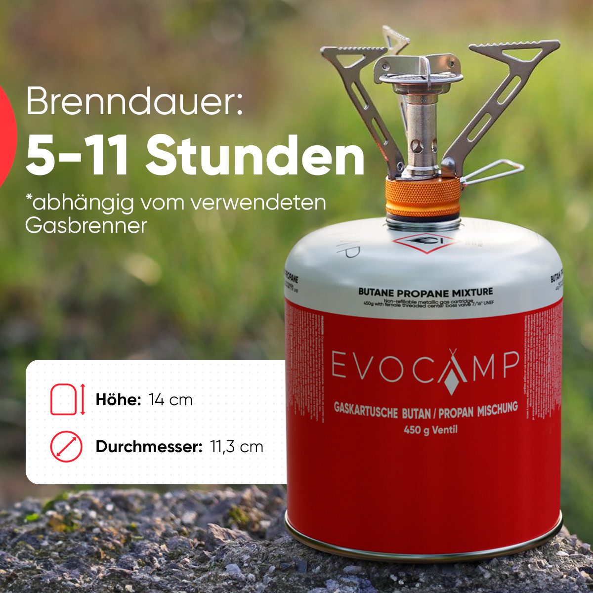 EVOCAMP Gaskartusche 8x Propan Butan 450g, Schraubkartusche Eurogewinde 7/16", Zubehör für Weber Grills Q100-1200-Serien, 8 St.