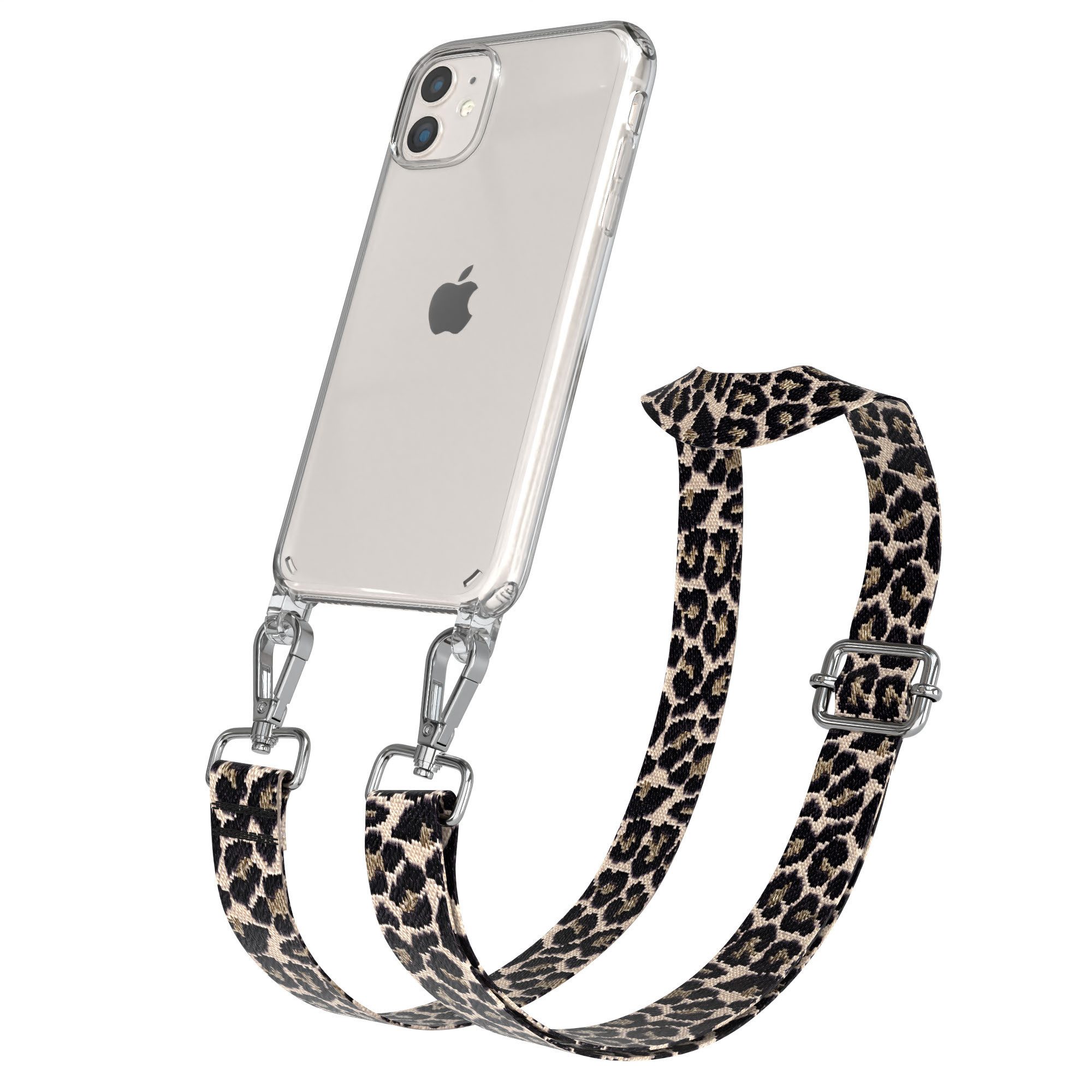 EAZY CASE Handykette Boho Umhängeband für Apple iPhone 11 6,1 Zoll, Kettenhülle abnehmbare Kordel Slim Clear-Cover Leo-Style Schwarz Beige