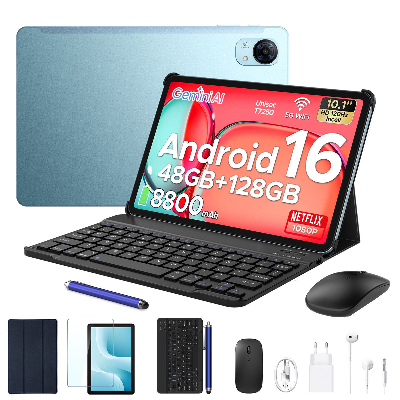 Aorlym P10 Pro Tablet Android 16 10 Zoll, mit Tastatur, 120Hz, 8800mAh, 13MP Tablet (10.1", 8 GB, Android 16, Gemini AI, Octa Core T7250, 128GB ROM, Face ID/GPS/FM, 3,5mm Buchse)