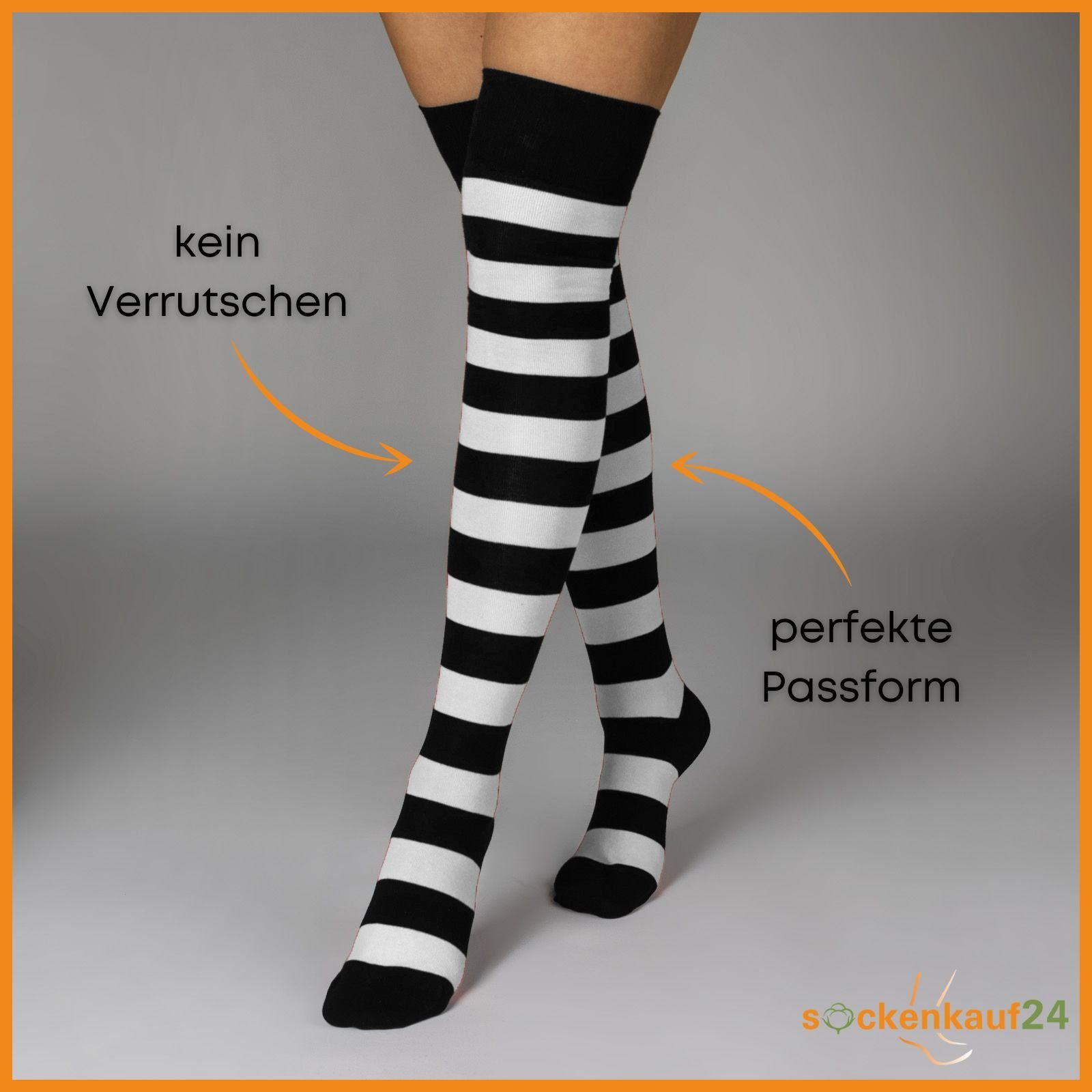 sockenkauf24 Overknees 2 Paar Overknee Strümpfe Damen Kniestrümpfe (Ringel Schwarz/Weiß, 35-38) Schwarz Bunt Ringel Baumwolle - 10723 WP