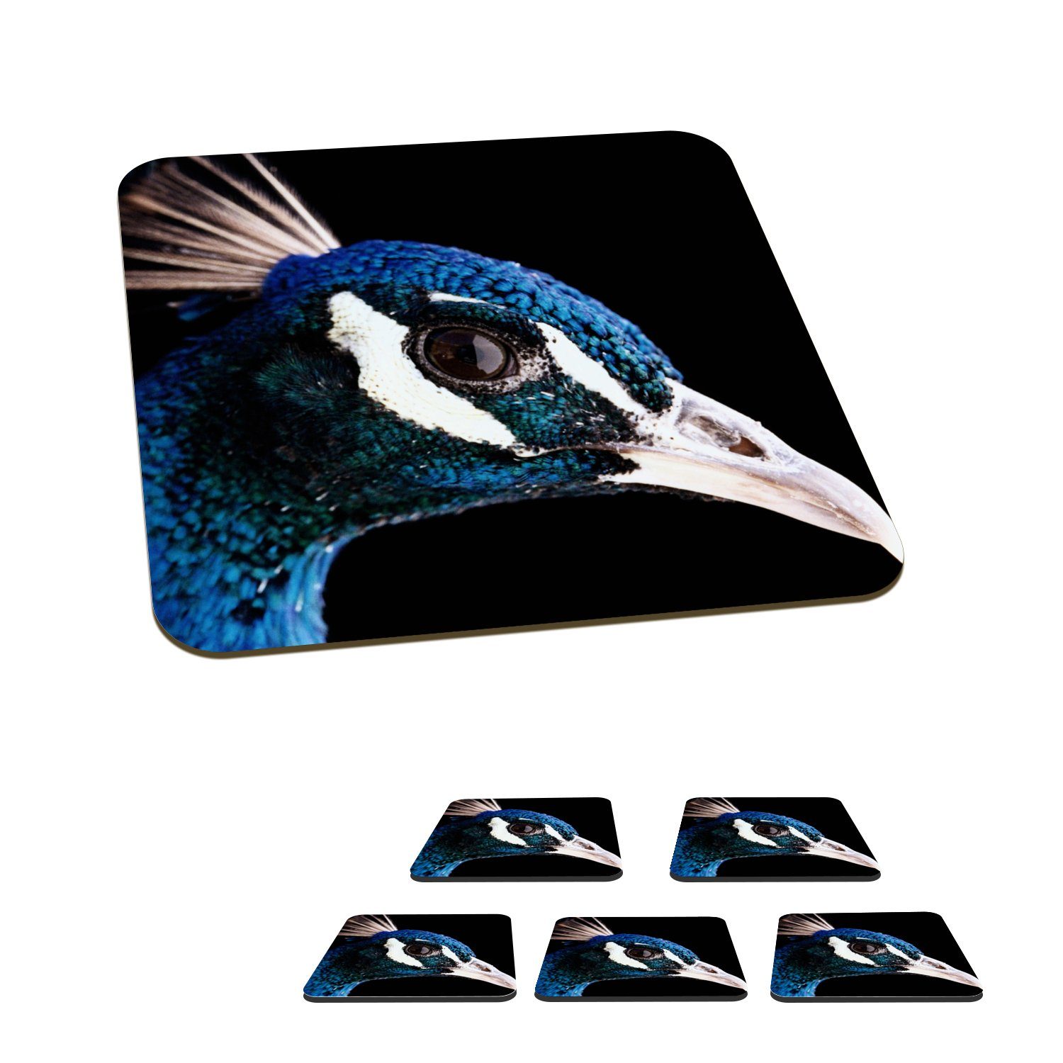 MuchoWow Glasuntersetzer Pfau - Tier - Blau, Zubehör für Gläser, 6-tlg., Glasuntersetzer, Tischuntersetzer, Korkuntersetzer, Untersetzer, Tasse