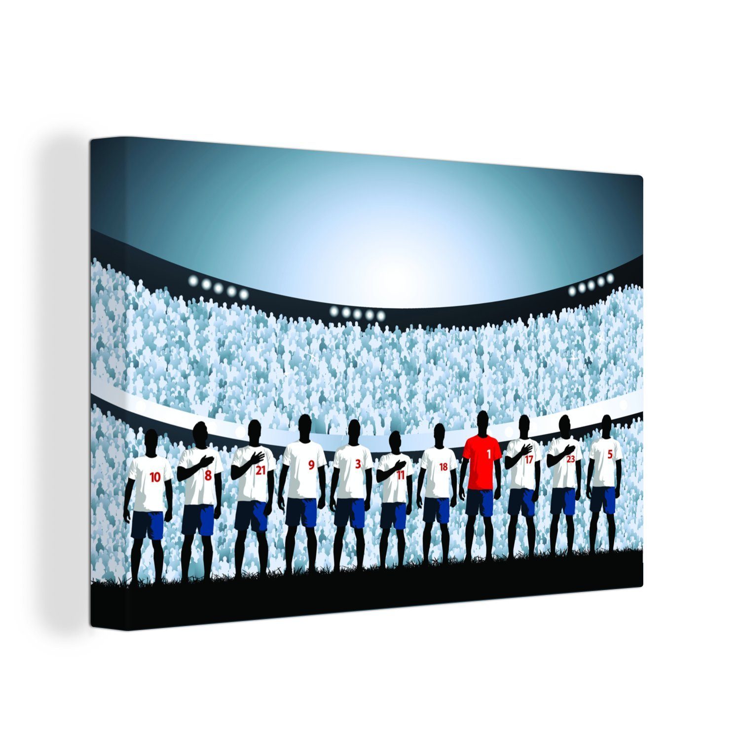 OneMillionCanvasses® Leinwandbild Eine Illustration einer Mannschaft im Fußballstadion, (1 St), Wandbild Leinwandbilder, Aufhängefertig, Wanddeko, 30x20 cm