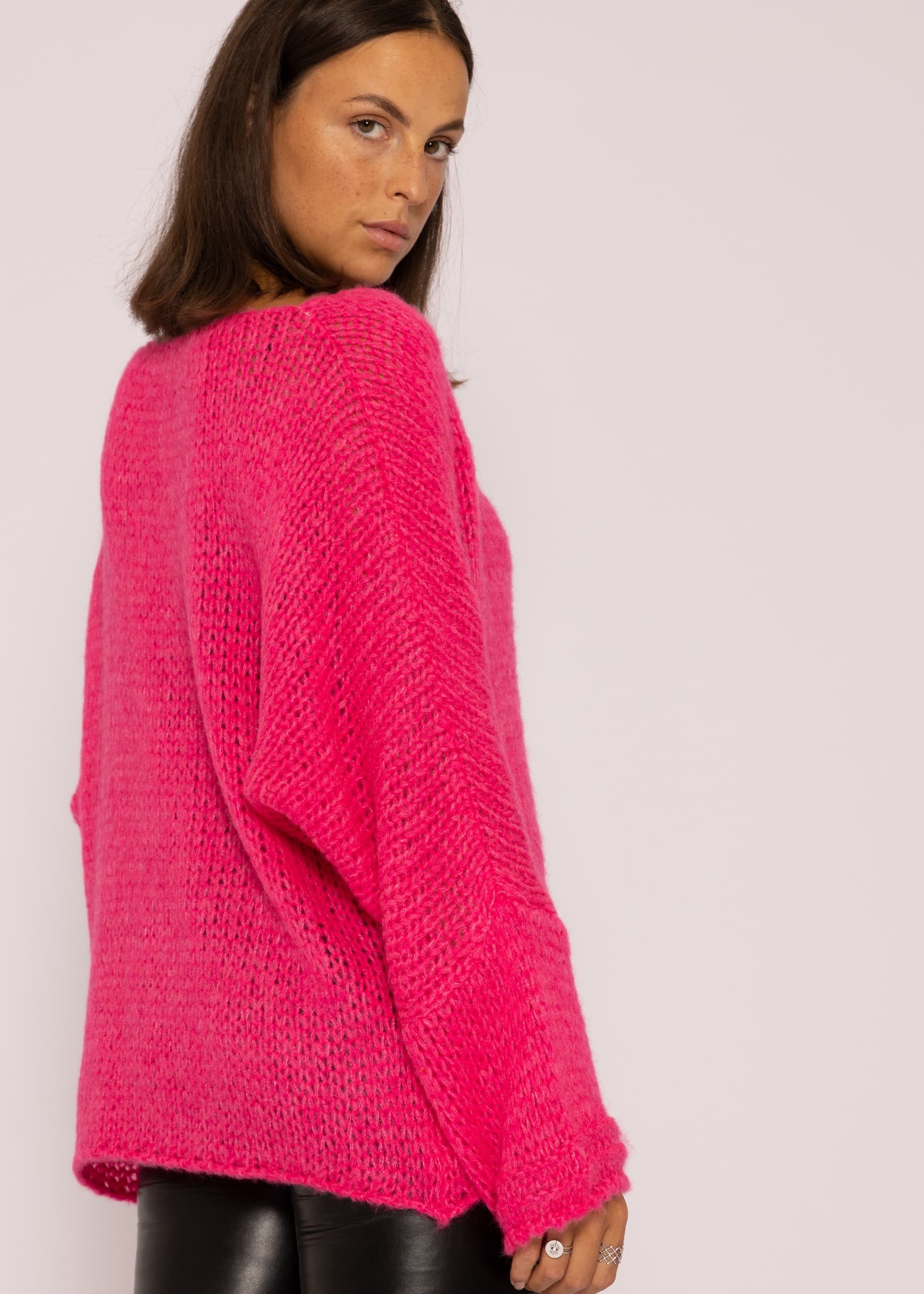 Strickpullover aus Italy lang Damen mit weichem Lässiger Strickpullover SASSYCLASSY in Made Grobstrick Pink Oversize Rundhals-Ausschnitt, Pullover