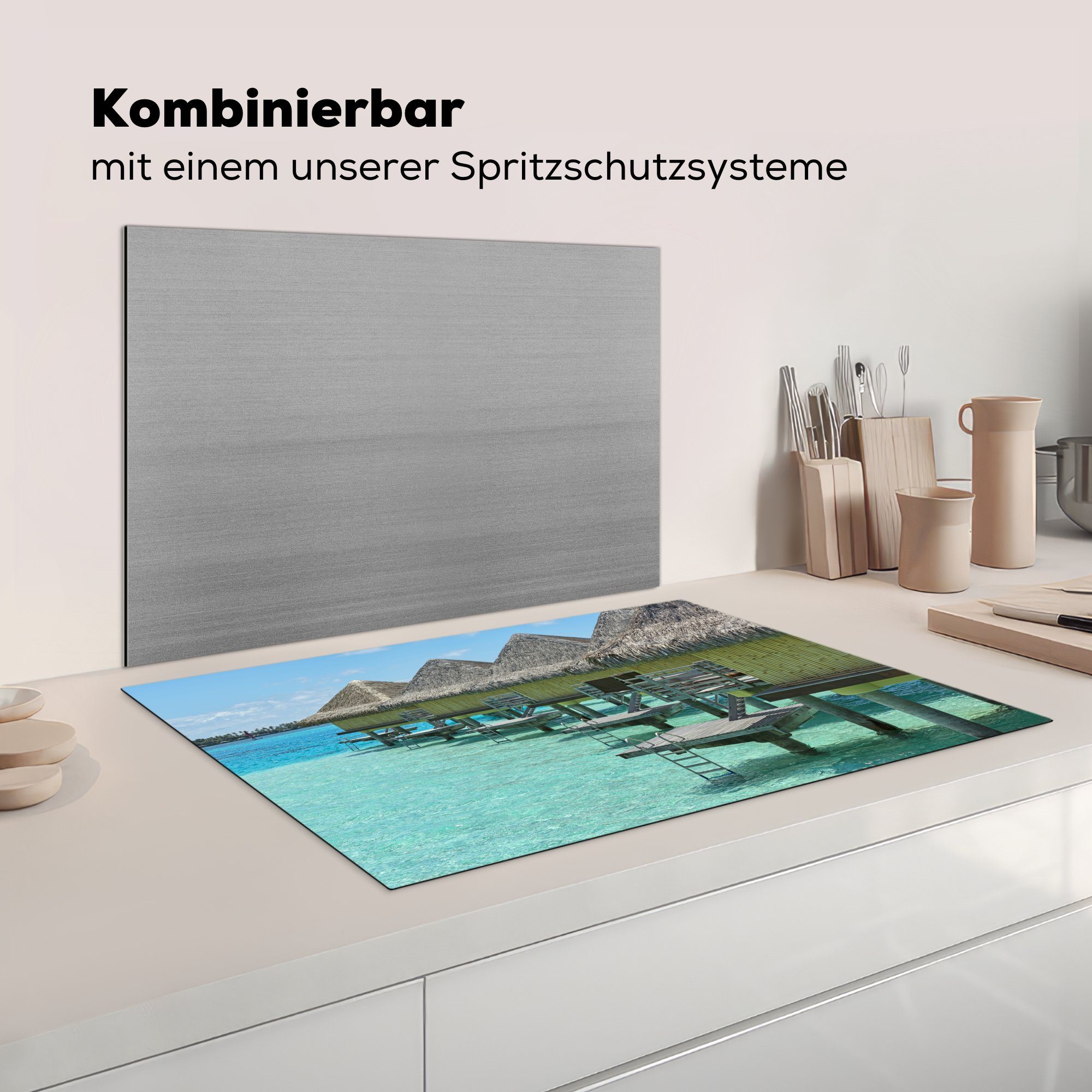 auf Vinyl, Herdblende-/Abdeckplatte Ceranfeldabdeckung Wasserbungalows 81x52 MuchoWow Bora, die Bora Schutz Induktionskochfeld (1 cm, für küche, tlg),