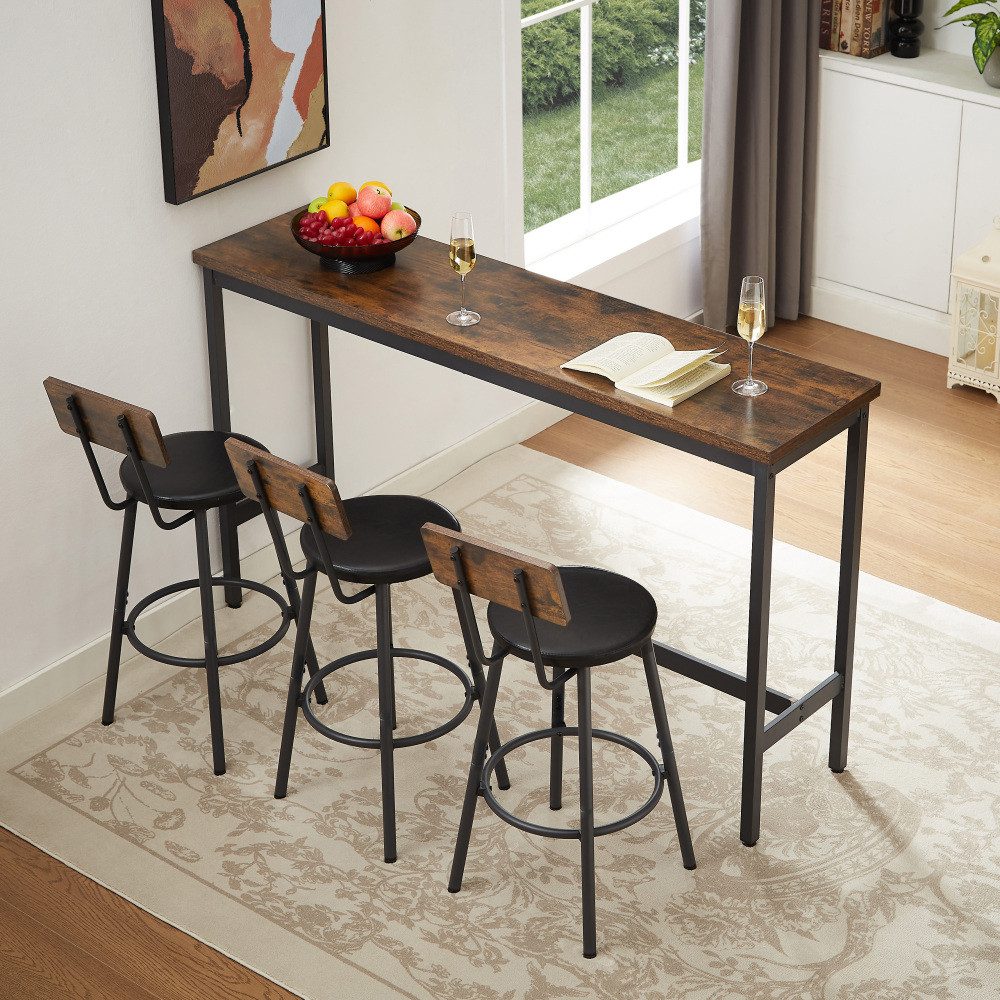 BBG Bistrostuhl Langer Bartisch mit 3 Barhockern mit Rückenlehne, gepolstert aus Kunstleder, Industrial Stehtisch Set 160x40 cm