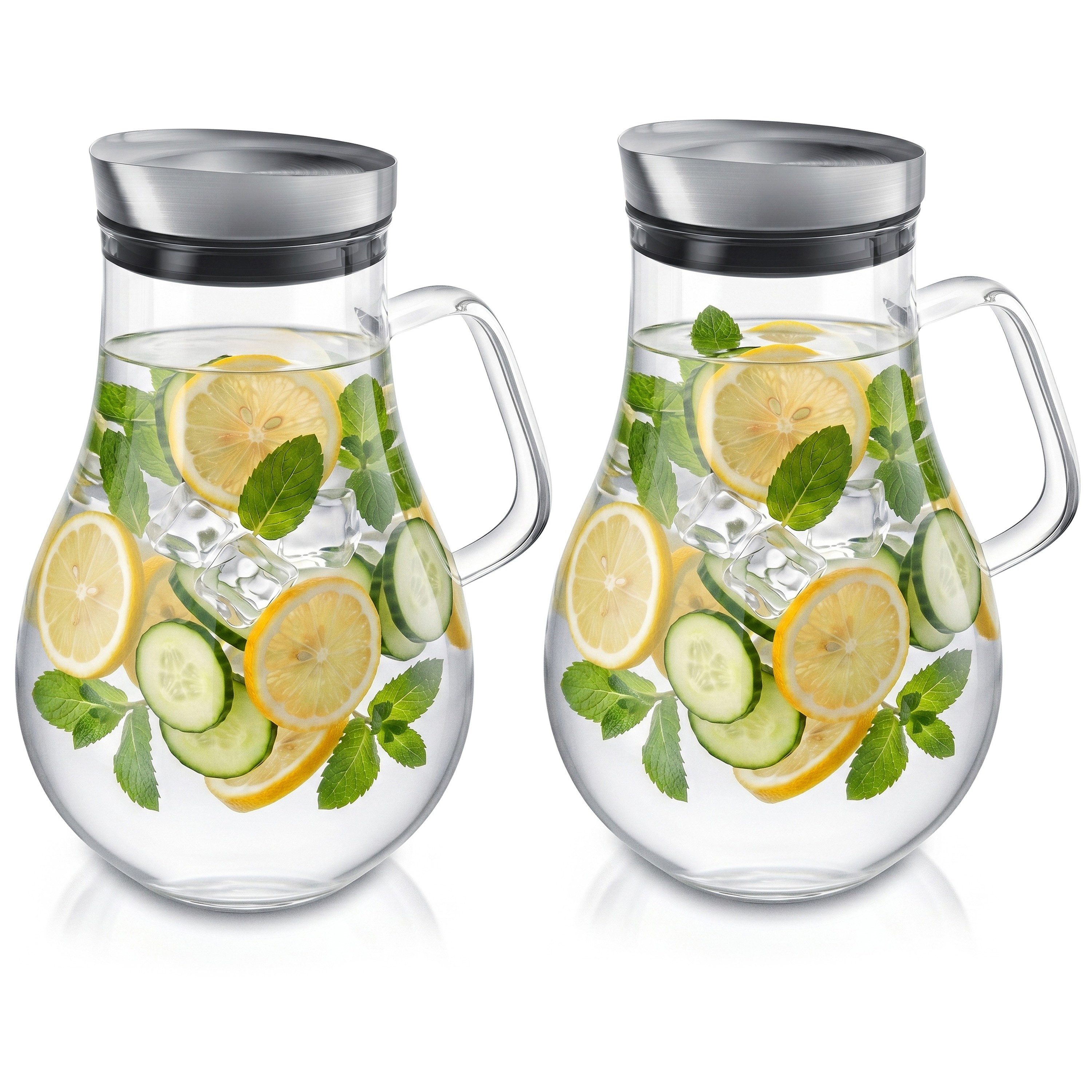 Arendo Karaffe 2x Glaskaraffe 2,0 L, Edelstahldeckel, Henkel, Grobfilter, (2-tlg., 2000 ml mit Edelstahl-Deckel, Grobfilter und ergonomischem Henkel), Wasserkaraffe, Borosilikatglas, 2000 ml, Sieb, BPA-frei