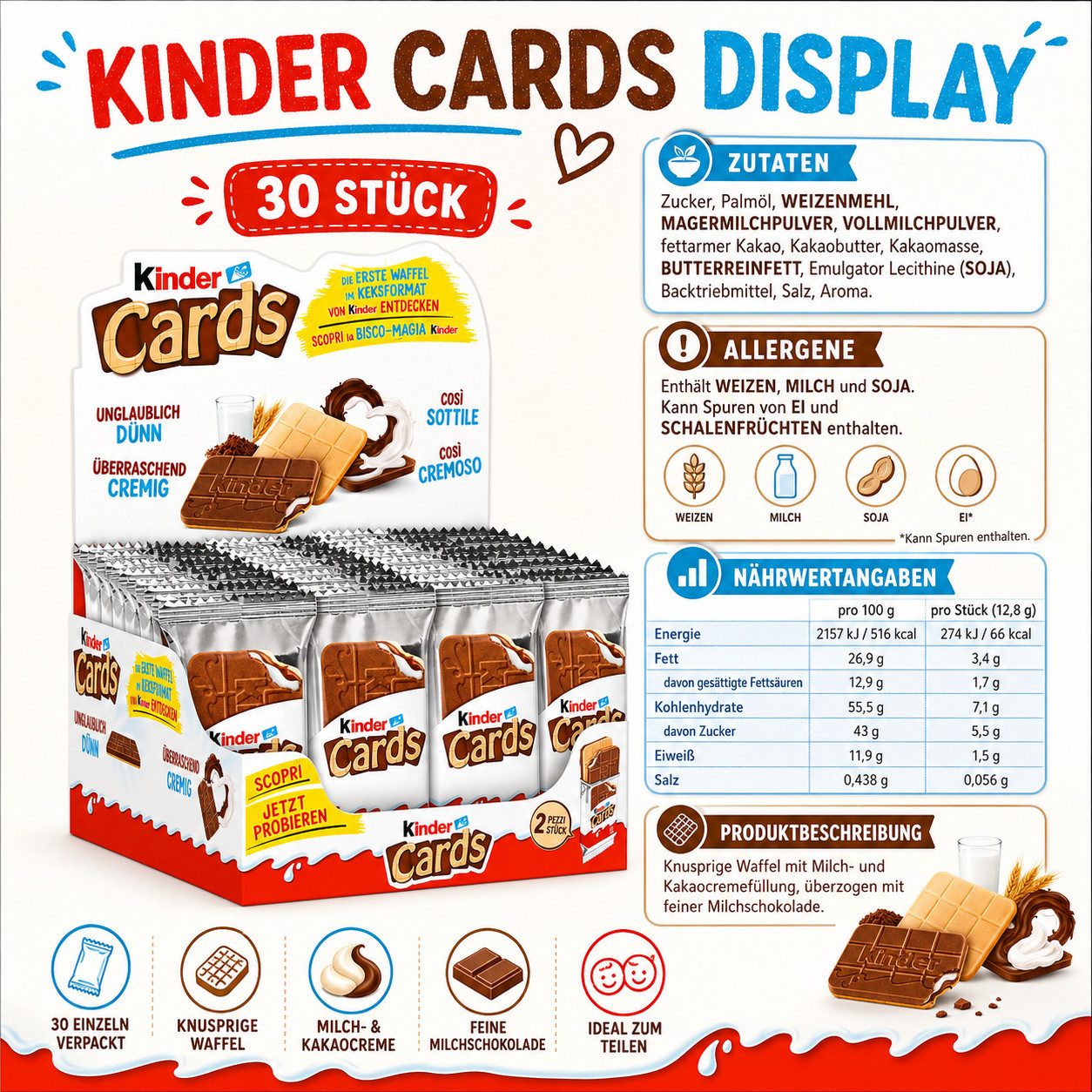 kinder Süßigkeit Ferrero Kinder Cards 2er Waffel-Spezialität, 30 x 25,6 g, Vorratspack