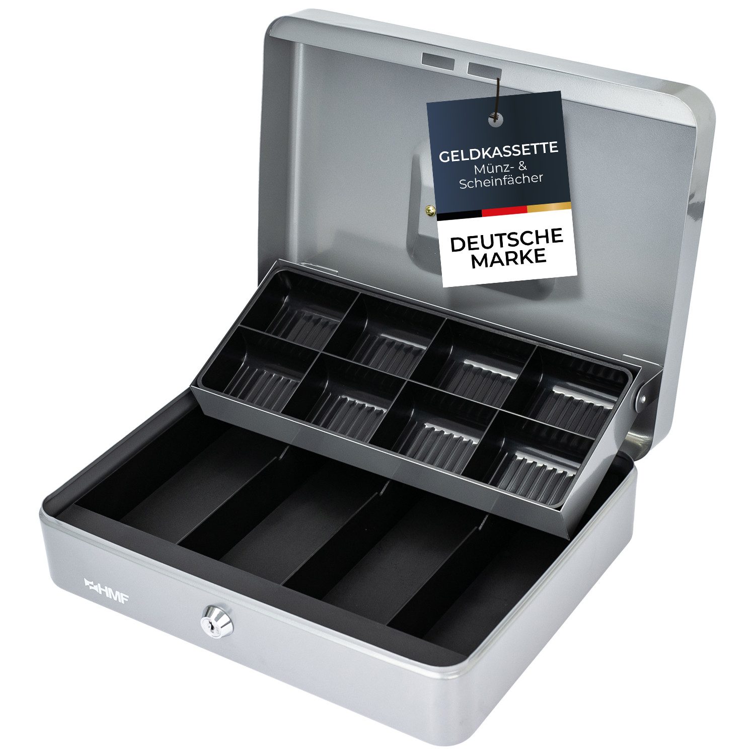 HMF Geldkassette Geldkassette abschließbar, Kasse mit 8 Münzfächern, und 4 Geldscheinmulden, 30 x 24 x 9 cm, silber