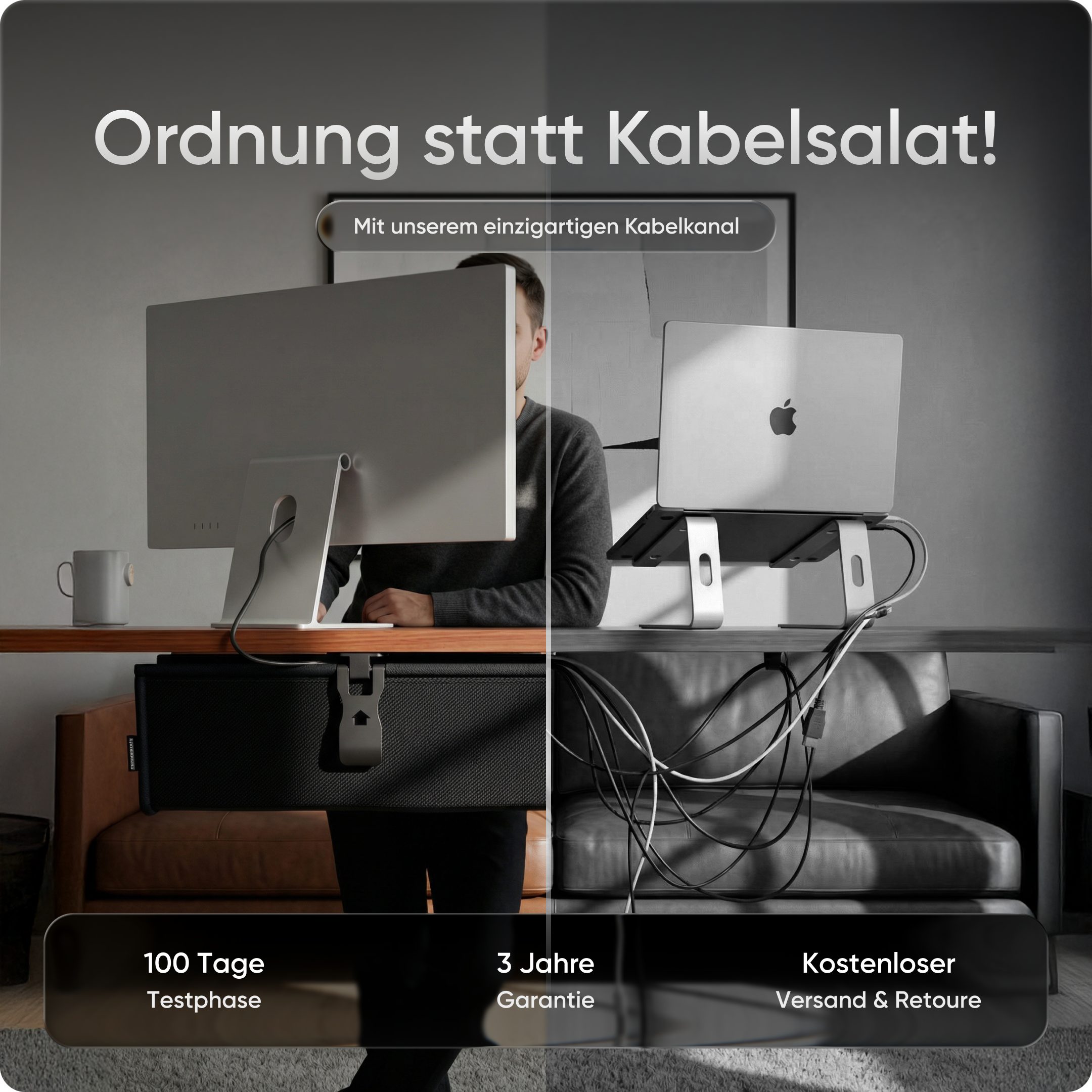 DESKSPACE Kabelkanal Kabelwanne Schreibtisch Kabelmanagement - Schreibtisch Kabelkanal (Einzelset, Einzelartikel), Beidseitig klappbar, stabil, einfache Montage, 94 cm lang
