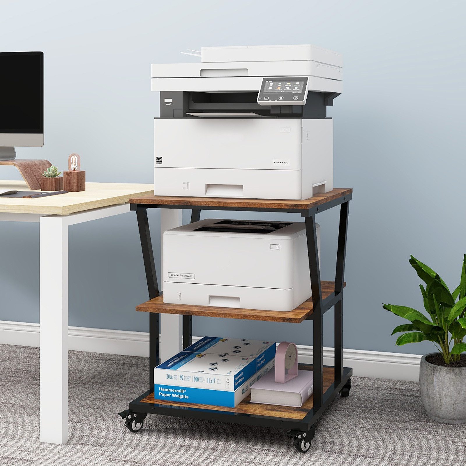 PUNCIA Druckertisch 3 Schichten 50x50cm Heim Büro mit Raddrucker Aufbewahrungshalter Tisch (1-St), 4-stufig höhenverstellbare Mittelebene, 140 kg Tragkraft – Bild 4 von 5