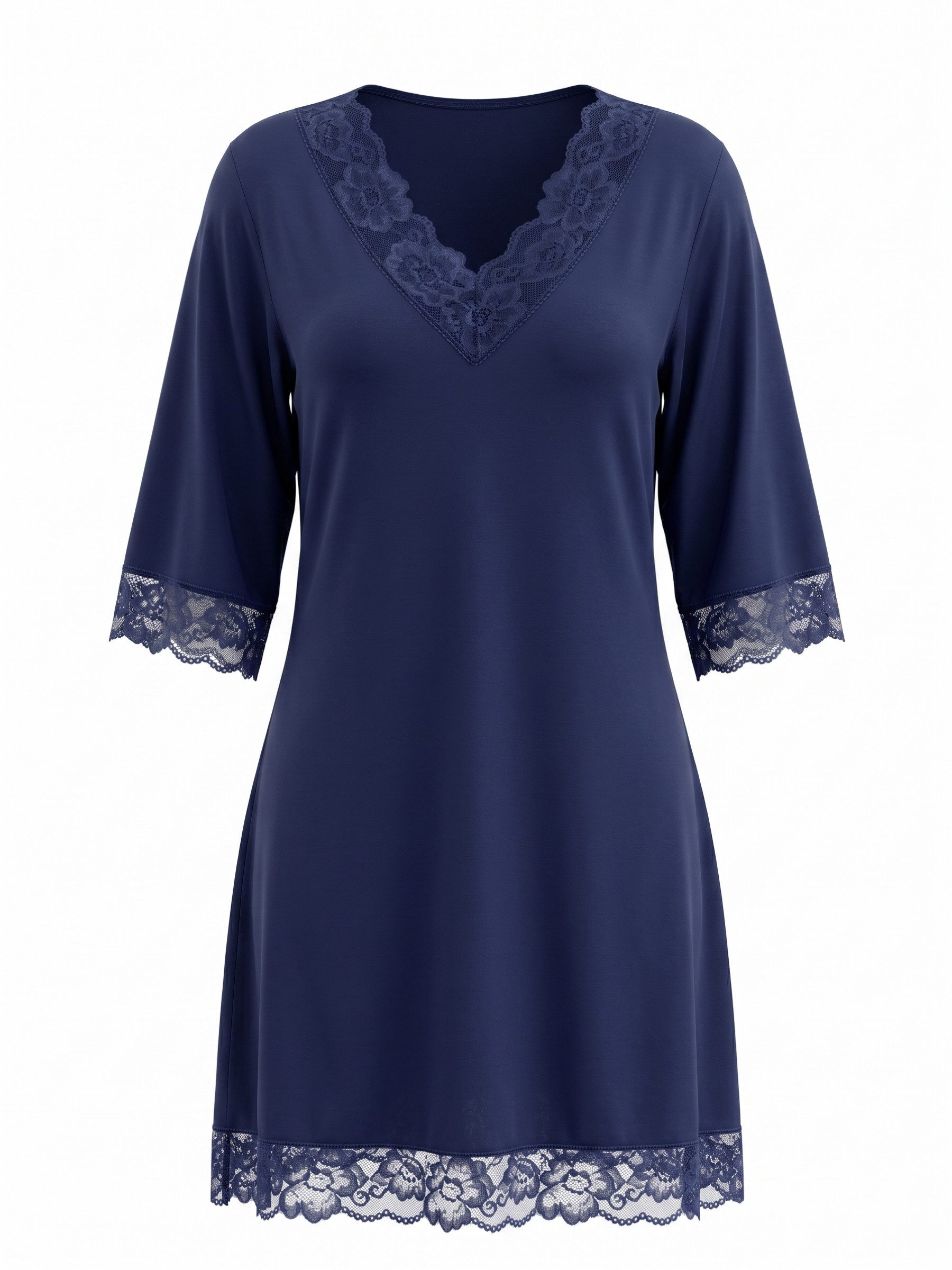 Elegant Love Nachthemd Damen Homewear-Kleid mit Spitze – V-Ausschnitt Komfortables Lounge- und Schlafkleid – Sleepshirt mit 3/4-Arm