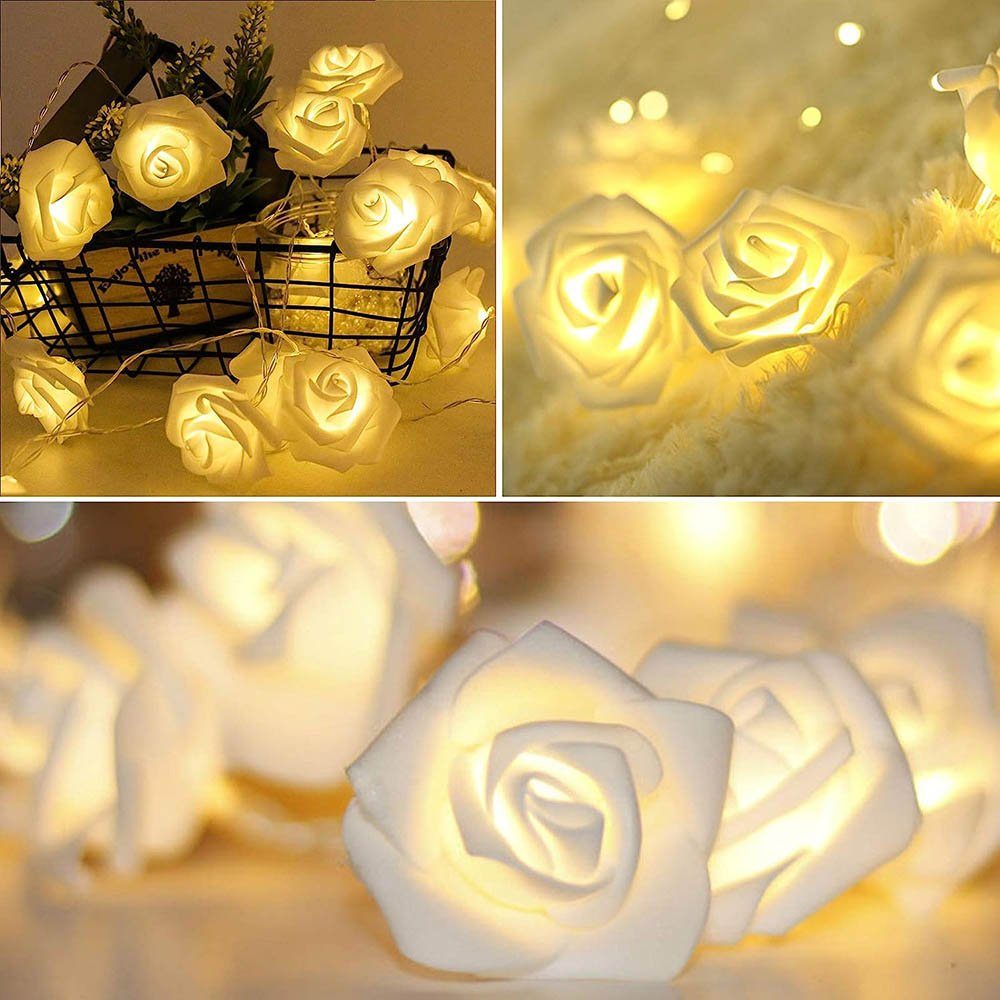 Garten 3M Rose,LED MUPOO Girlande,Kunstblume Warmweiß,Batterie, 20LEDs für Party Rose LED-Lichterkette Weihnachten,Blumengirlande LED Nachtlicht Dekolicht