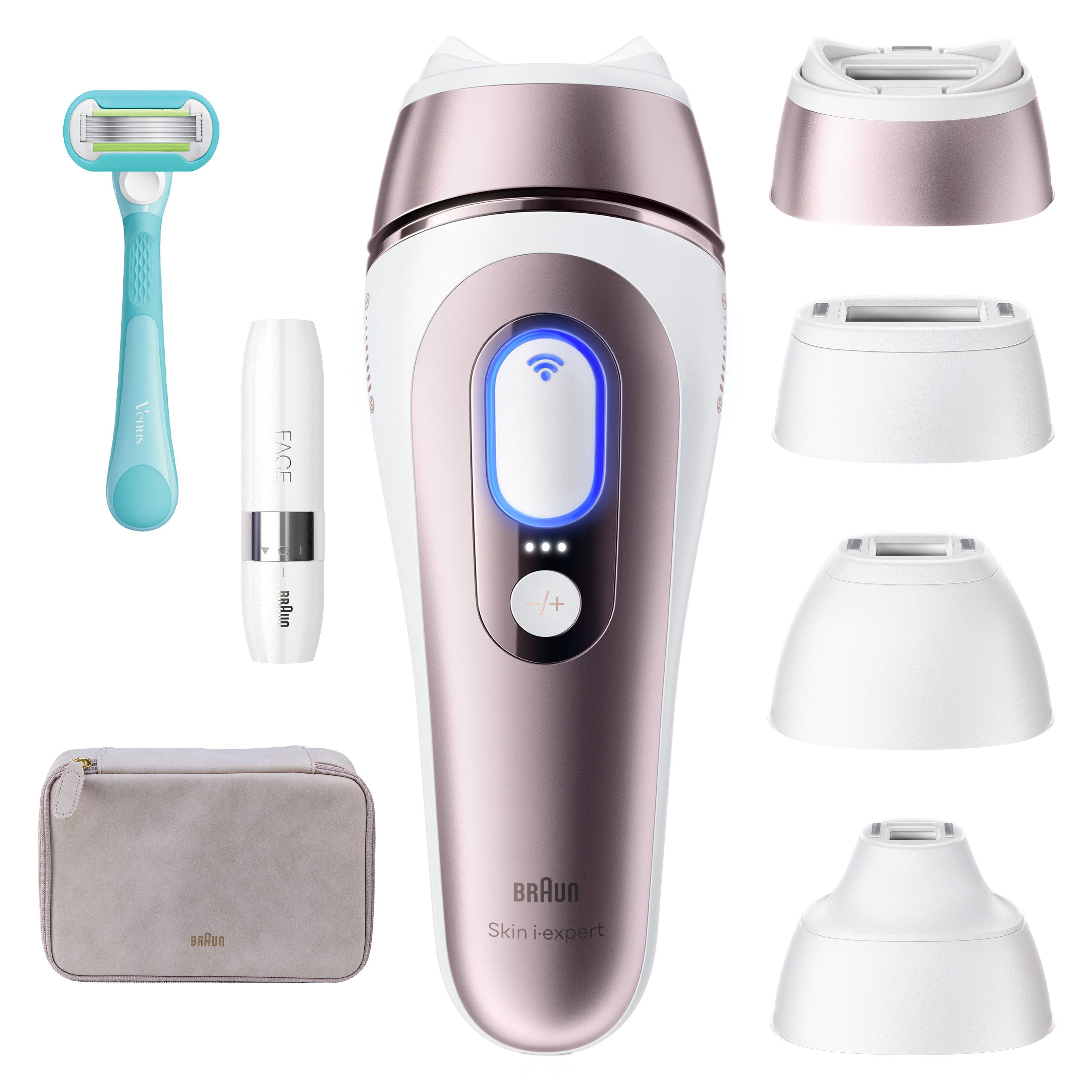 Braun IPL-Haarentferner Skin i-expert Pro IPL PL7432, 400.000 Lichtimpulse, 4 smarte Aufsätze, Tasche, Mini-Gesichtsrasierer, kostenlose App