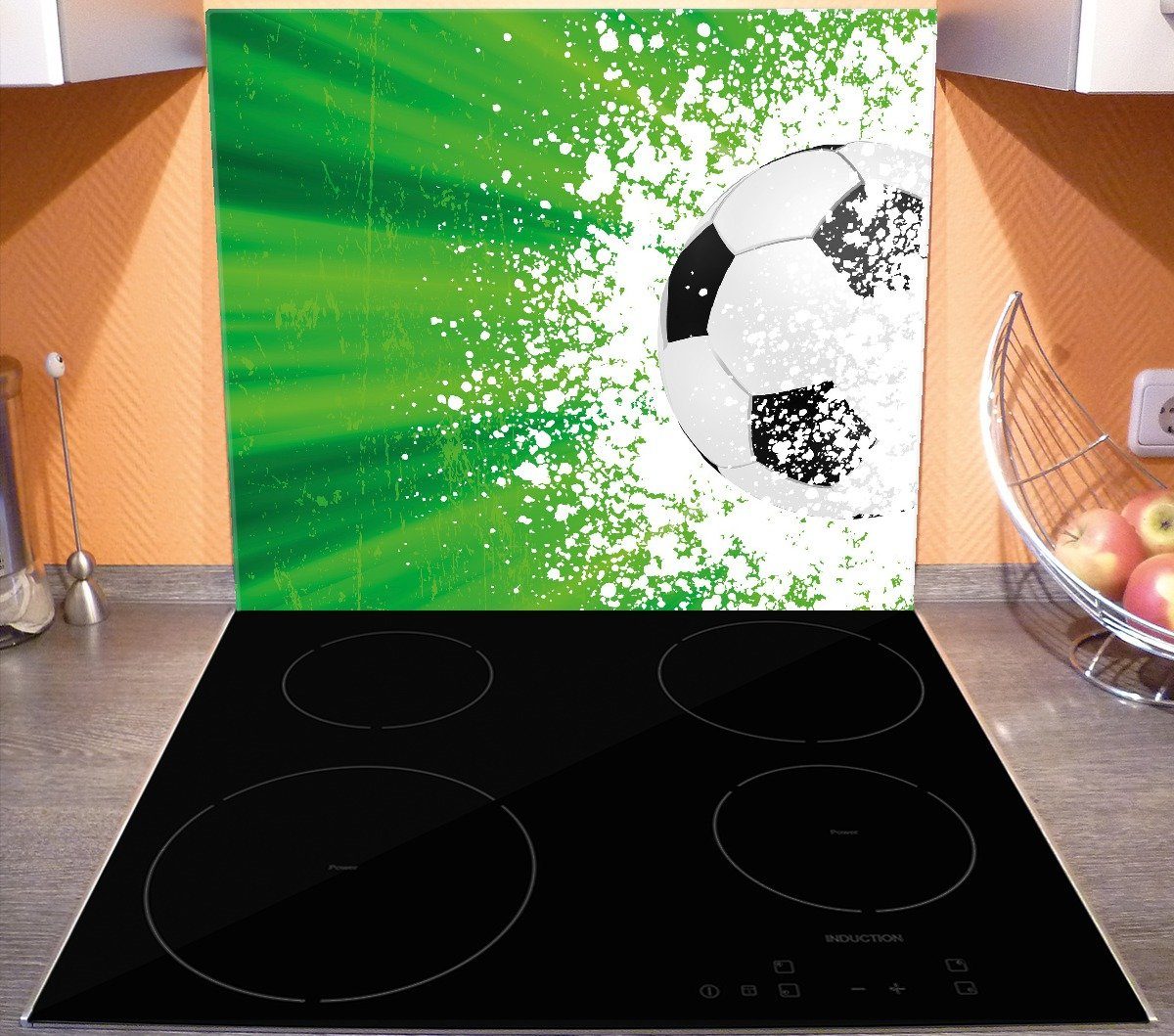 Wallario Herd-Abdeckplatte Fußball - Splashing (Glasplatte, Noppen), grün, Design 1 ESG-Sicherheitsglas, verschiedene in Größen inkl. tlg., 5mm