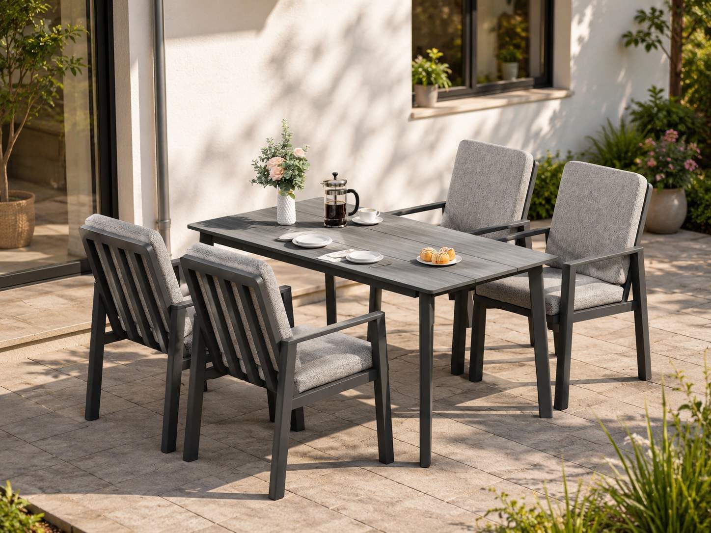 MeXo Gartenlounge-Set Aluminium Gartenmöbel Set, (150 x 80 cm Gartentisch, 5-tlg., mit 4 Stühlen), wetterfeste Essgruppe für Terrasse Balkon Garten