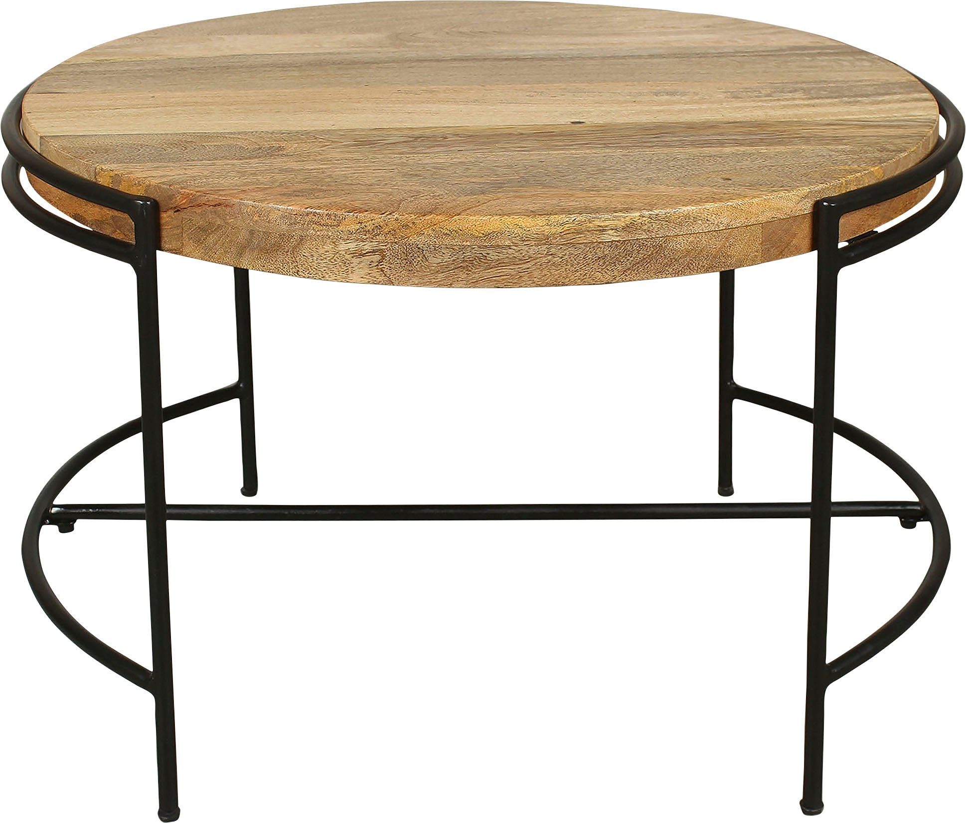 byLIVING Couchtisch Hanna, massive Mango Tischplatte 35mm und schwarzen Metallbeinen, rund 60cm