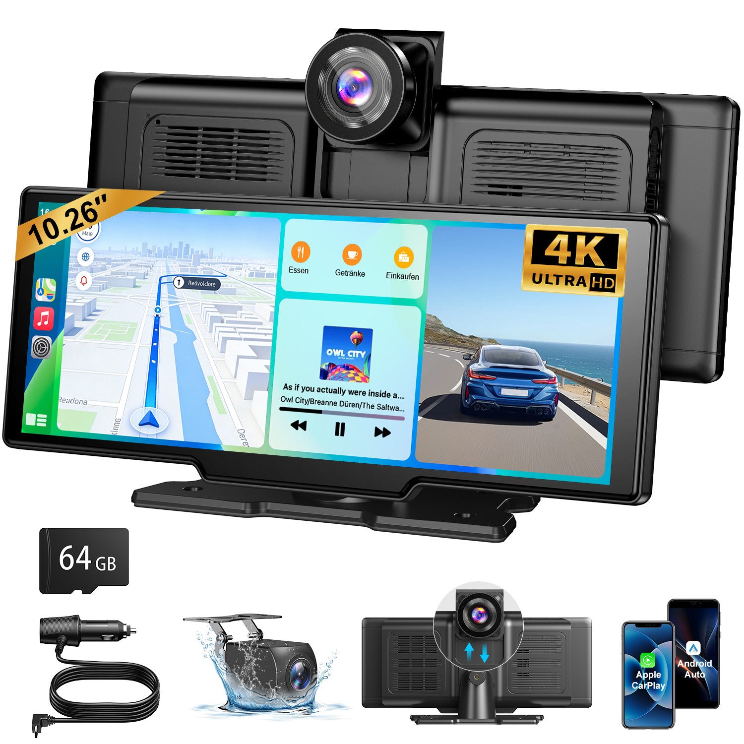 ESSGOO 4K HD Dashcam Auto Autokamera Kamera Carplay mit GPS Navigationsgerät Dashcam (Tragbar Autoradio Rückfahrkamera IPS Touchscreen GPS Navi FM AUX TF)