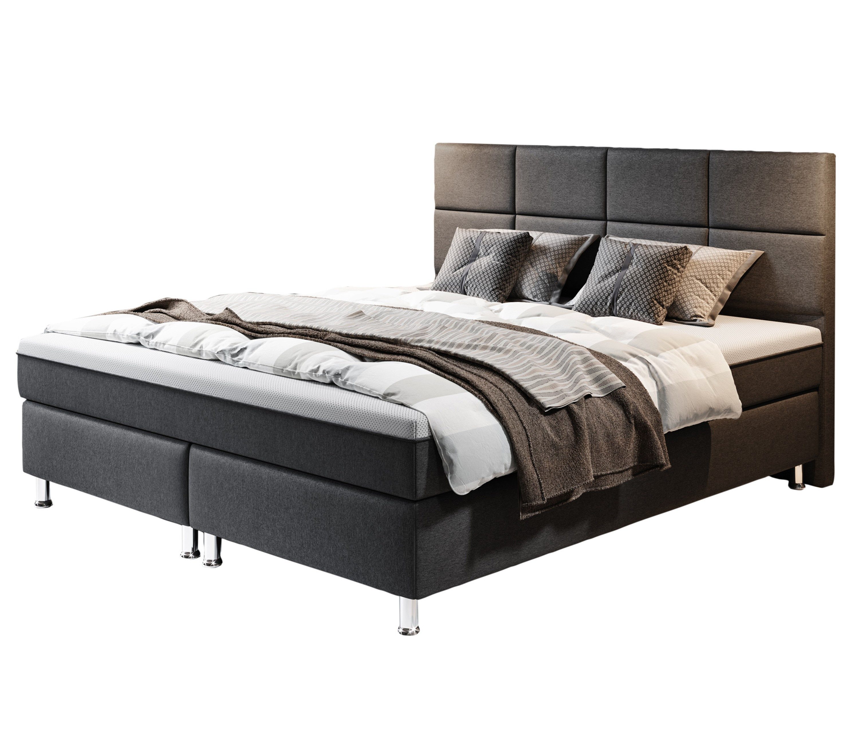 inter Boxspringbett R2 Webstoff mit 7 Zonen Taschenfederkernmatratzen und Topper-Optik (180x200 cm, Anthrazit mit 7-Zonen Taschenfederkernmatratzen und Topper-Optik), Taschenfederkern-Komfort, gepolstertes Kopfteil, inklusive Matratzen
