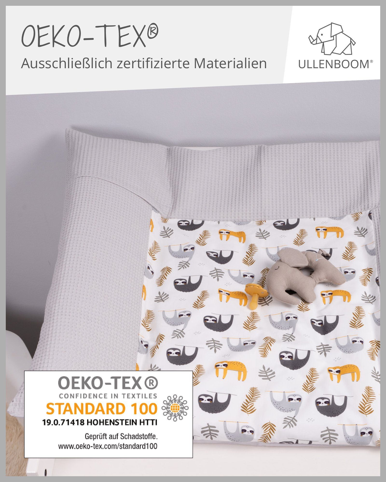 Baumwolle Grau mit cm ® EU), Bezug 100% (Made Faultiere 75x85 in Hotelverschluss, Wickelauflagenbezug ULLENBOOM Wickelauflagenbezug