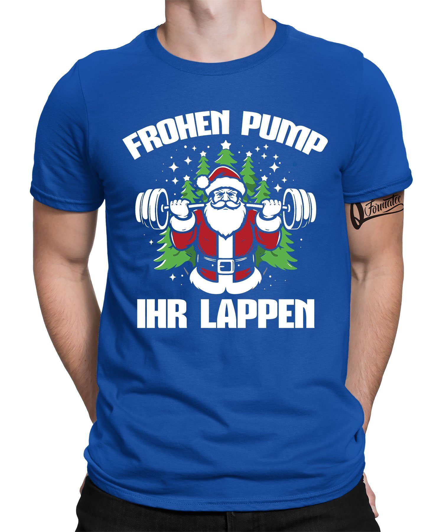 Blau Kurzarmshirt ihr T-Shirt Lappen (1-tlg) X-mas Christmas Pump - Quattro Frohen Formatee Herren Weihnachten