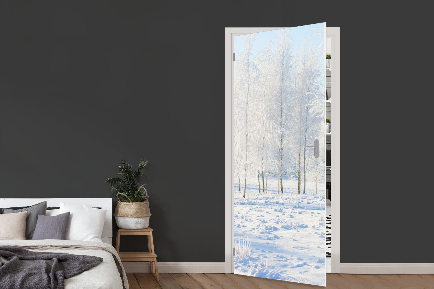 (1 MuchoWow Bäume 75x205 St), Winter, Türaufkleber, - Matt, für Türtapete Schnee cm bedruckt, - Fototapete Tür,