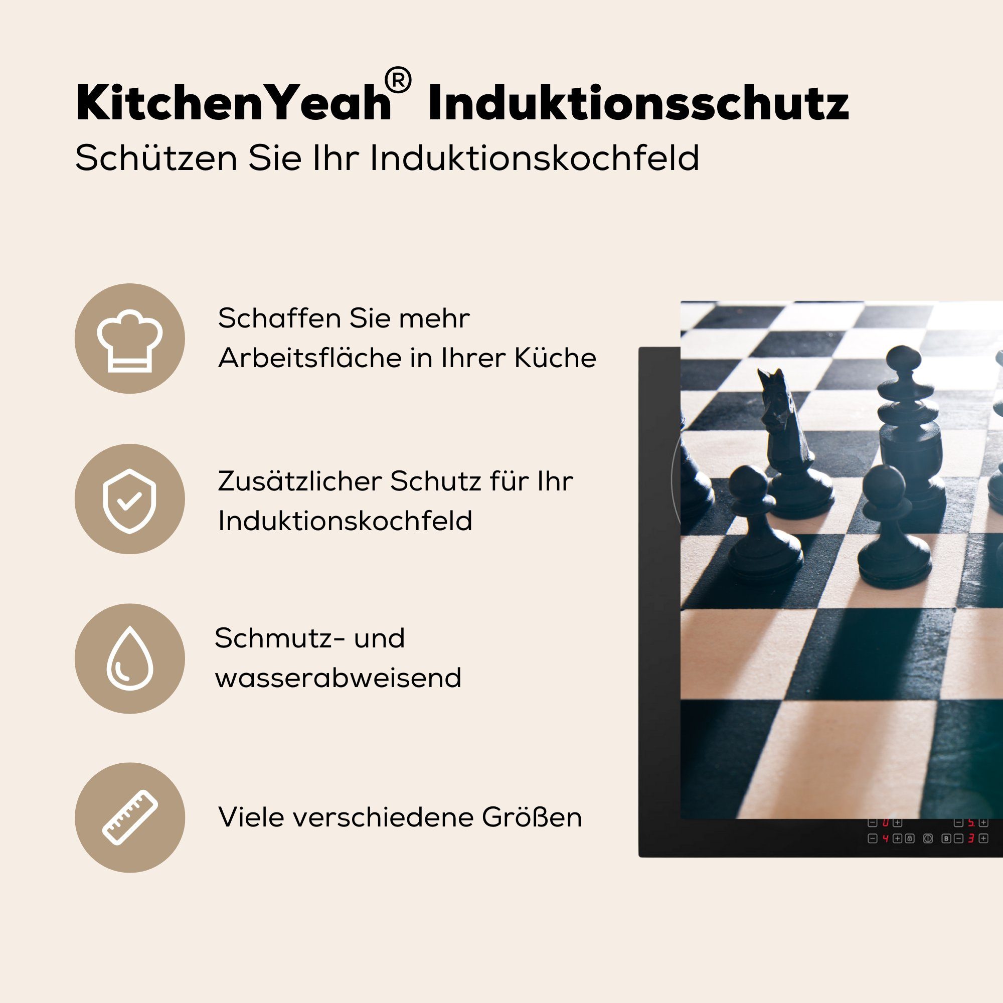 Induktionskochfeld cm, Brett, küche, auf Schachfiguren Die für 81x52 Vinyl, Herdblende-/Abdeckplatte Ceranfeldabdeckung dem (1 die MuchoWow tlg), Schutz schwarzen