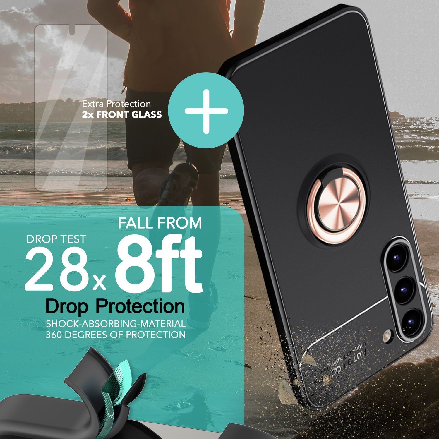 Nalia Smartphone-Hülle Samsung Galaxy S23 15,5 cm (6,1 Zoll), Matte Ring Silikon Hülle / 2x Displayschutz / 360° Ring / Aufsteller