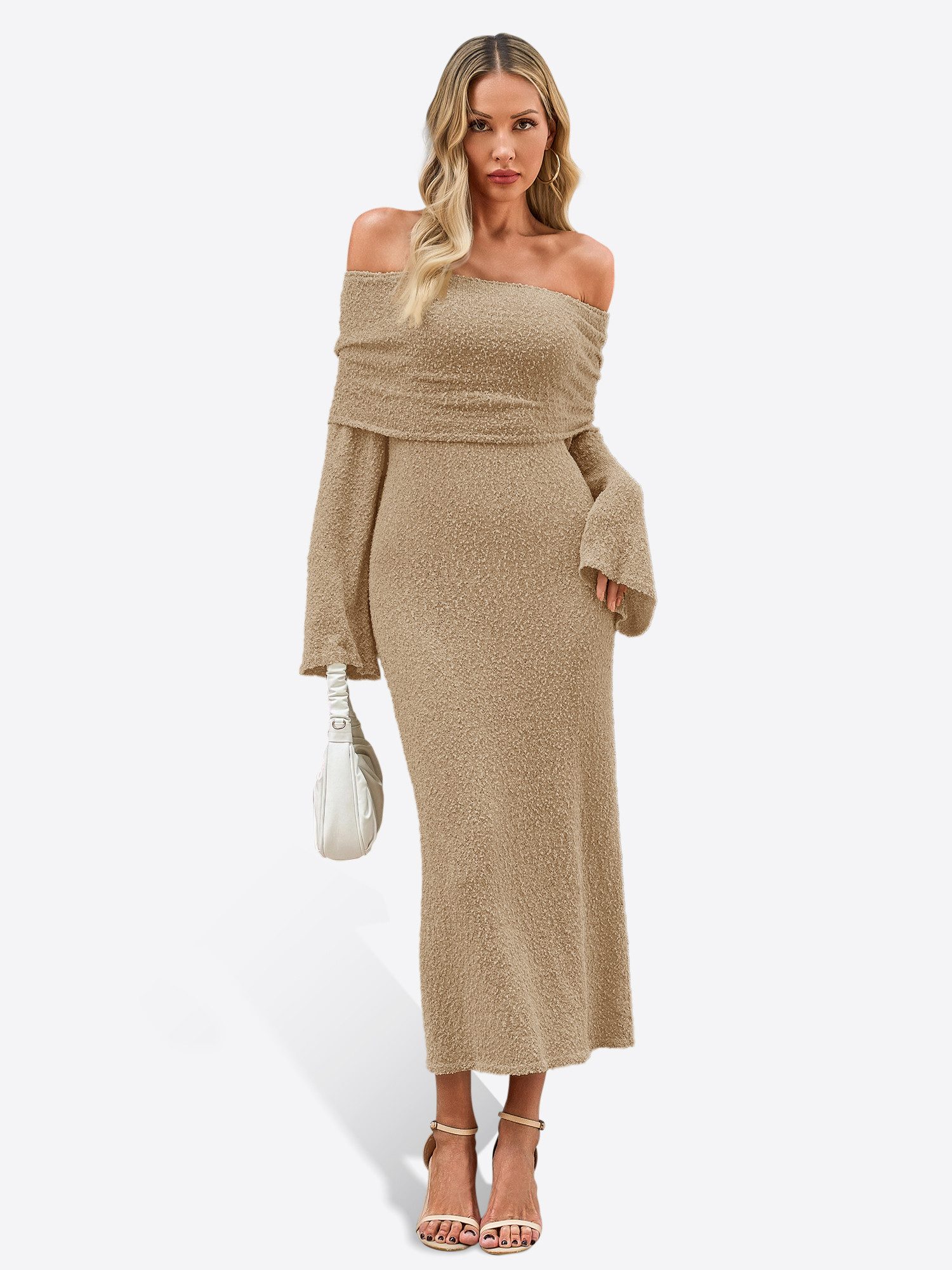 Imily Bela Strandkleid Damen Schulterfrei Strick Maxi Trompetenärmel Sexy Bikini Cover-up (Packung, 1-tlg., 1per-Pack) gehäkelt in Unifarbe