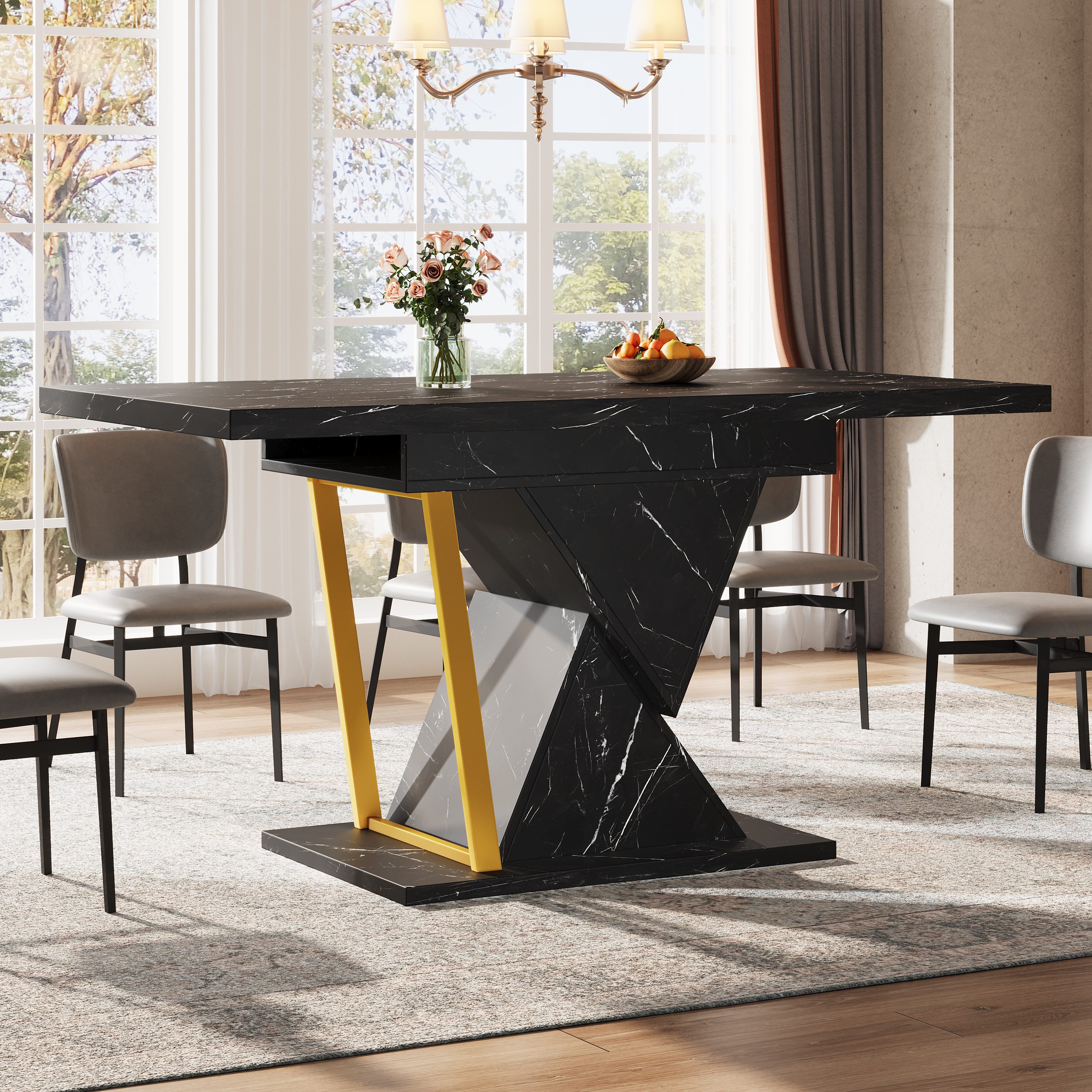MODFU Esstisch Ausziehbarer Küchentisch,Balkontisch (mit Marmoroptik, für Esszimmer und Küche, geeignet für 6 Personen, 1-St., Aufgeklappt:110x80x76cm Zusammengeklappt:140x80x76cm)