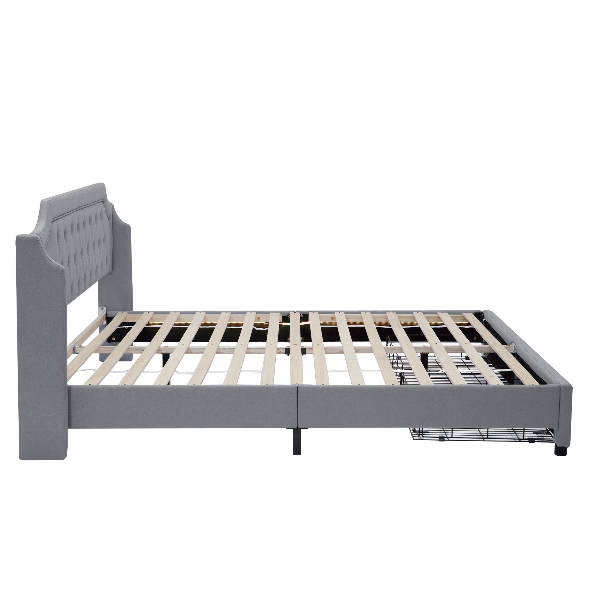 Polsterbett (mit Lattenrost und 2 Schubladen), Doppelbett 180x200 cm mit LED Beleuchtung, Bezug aus Leinen