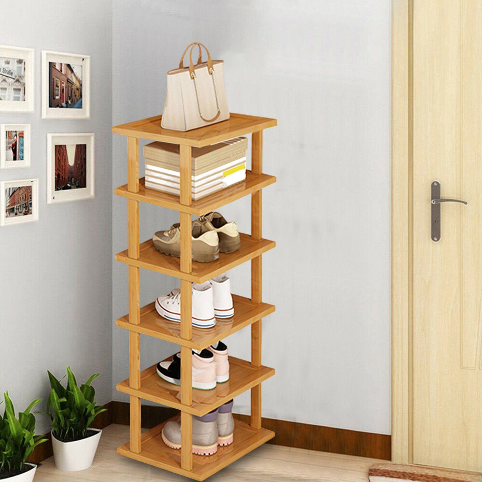 Rutaqian Schuhregal Schuhregal aus Bambus, 6 Ebenen vertikales Schuhregal, stapelbares Schuhregal Organizer, platzsparend,für Eingang, Wohnzimmer