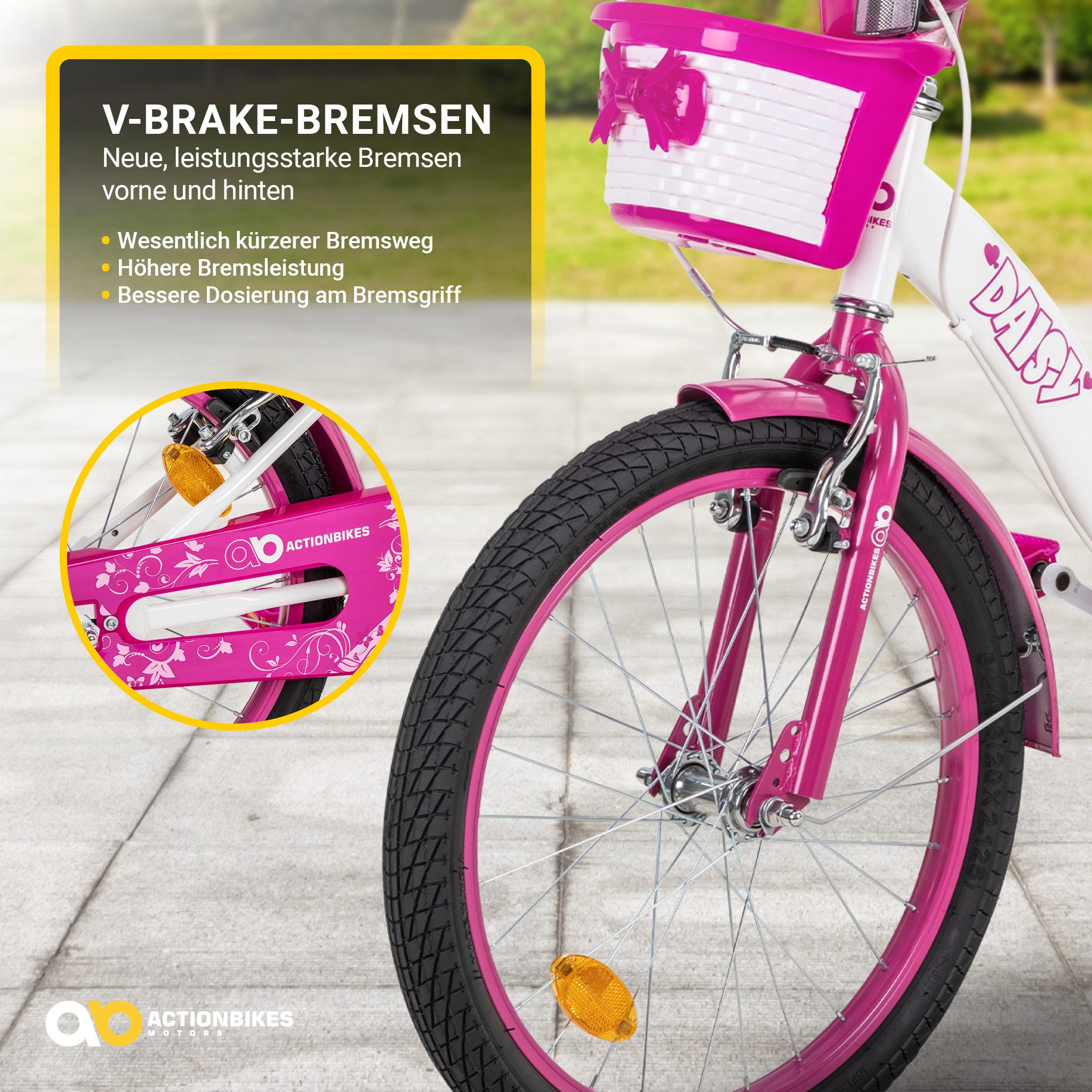 Actionbikes Motors Kinderfahrrad Daisy Fahrrad für Mädchen inkl. Trinkflasche und Korb, 1 Gang, (Kinderfahrrad ab 3 Jahre, Fahrrad Kinder, Kinderfahrrad 20 Zoll)