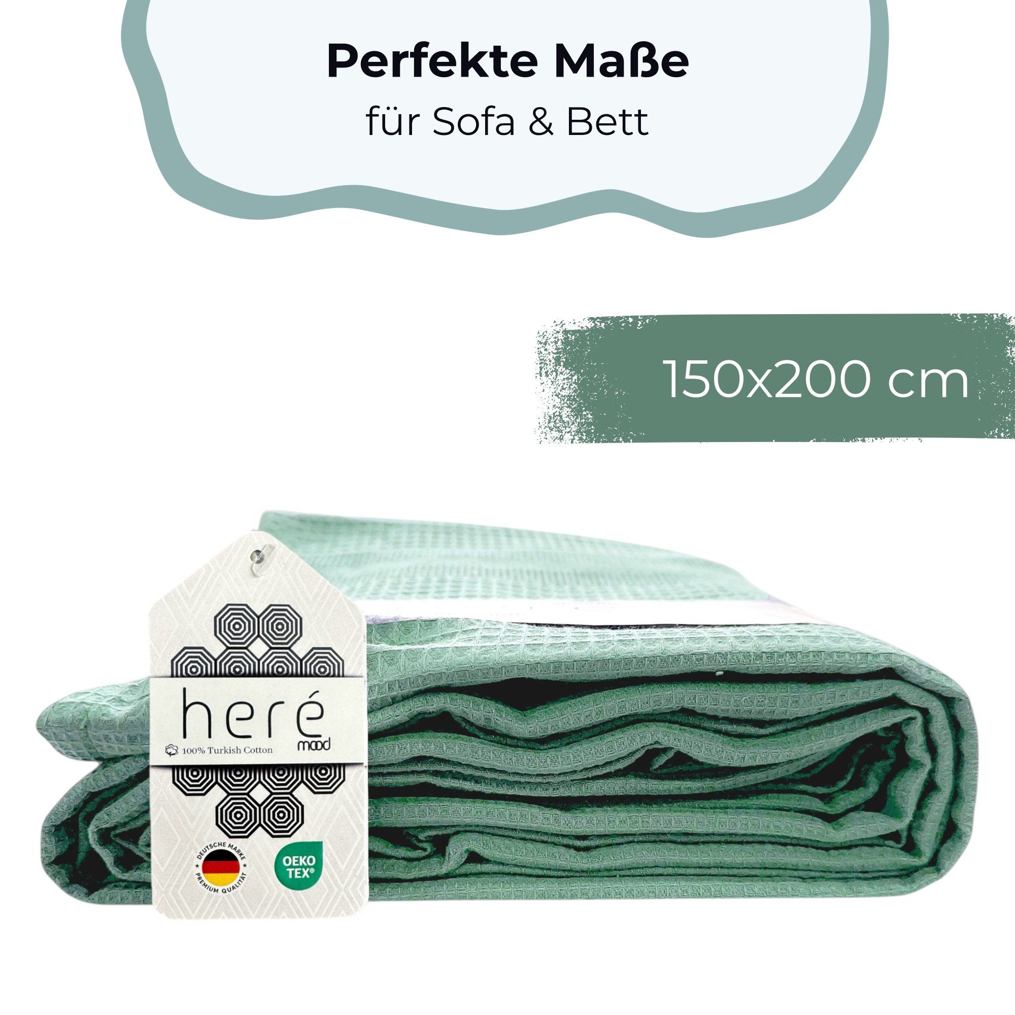 herémood Tagesdecke aus 100% Baumwolle – Elegante Waffelpique Wohndecke 180x220 cm, weiche, Kuscheldecke für Sofa & Bett, atmungsaktiv & pflegeleicht – MİNTGRÜN