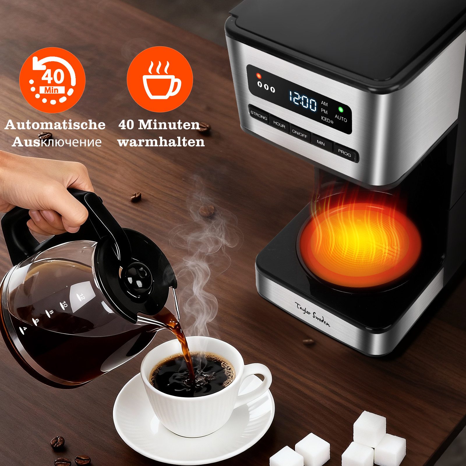 Taylor Swoden Filterkaffeemaschine 1,8L mit 24H Timer, Eiskaffee-Modus, 3-stufige Stärkeauswahl automatische Reinigung, 1.8l Kaffeekanne, Wiederverwendbarem Filter, Eiskaffee-Modus