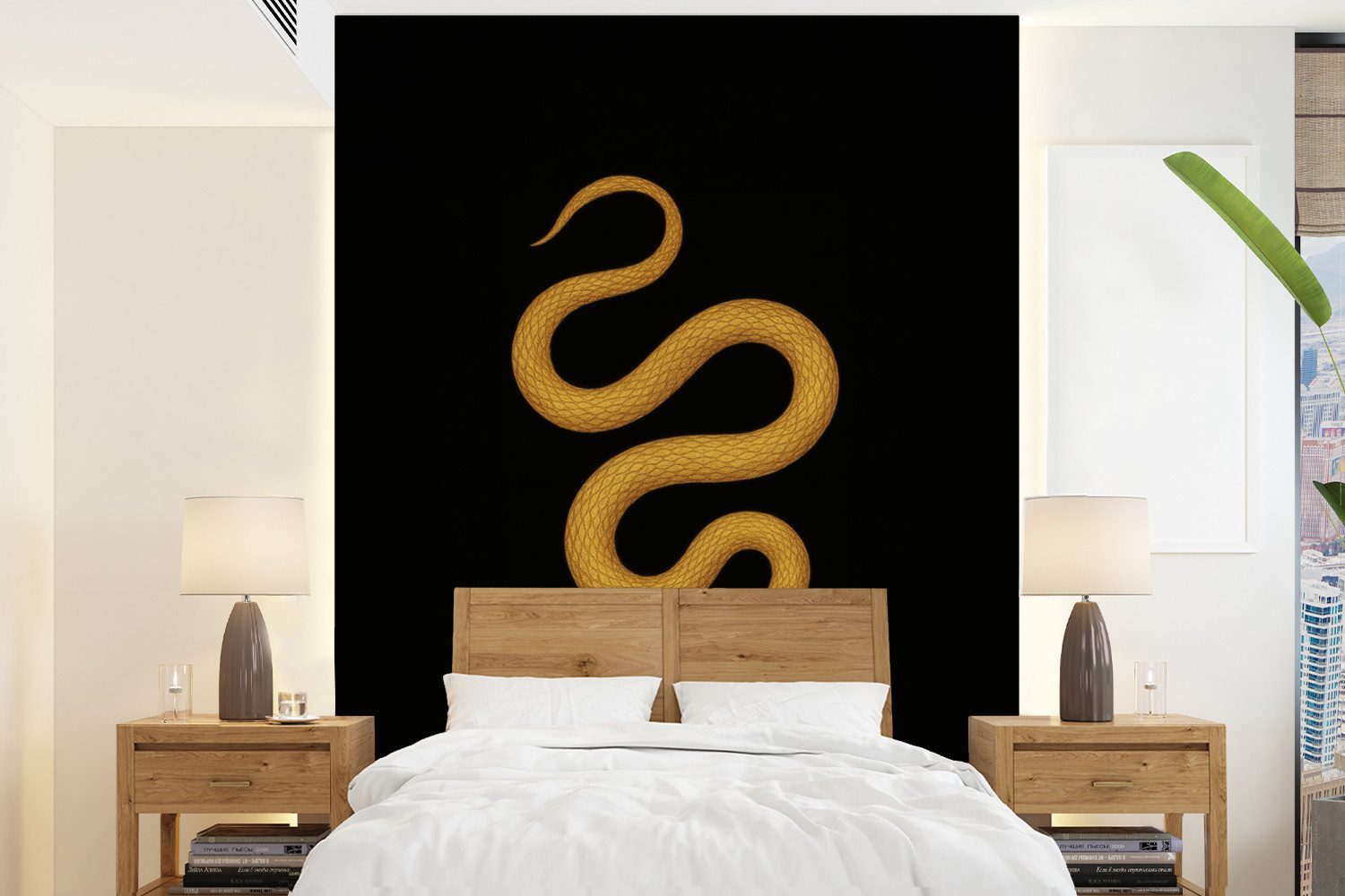 MuchoWow Fototapete Schlange - Minimalistisch - Gold, Matt, bedruckt, Wallpaper für Wohnzimmer, Schlafzimmer, Vinyl Tapete, 165x220 cm