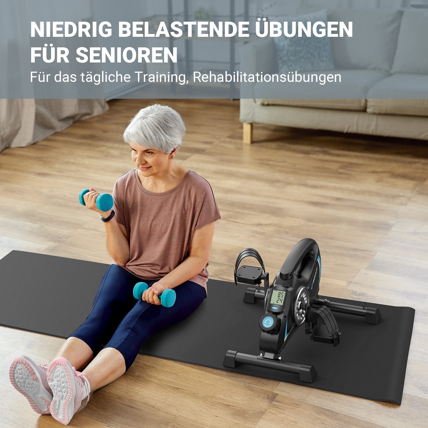 MERACH Mini-Heimtrainer Arm-und Beintrainer Pedaltrainer für Senioren, Leise & gelenkschonend (Mini Bike mit Rutschfester Matte, 16-stufiger Einstellbar Widerstand, Trainingsgeräte für Zuhause mit LCD-Display, Platzsparend), inkl. 2 Widerstandsbändern und Rutschfester Matte, für Zuhause & Büro
