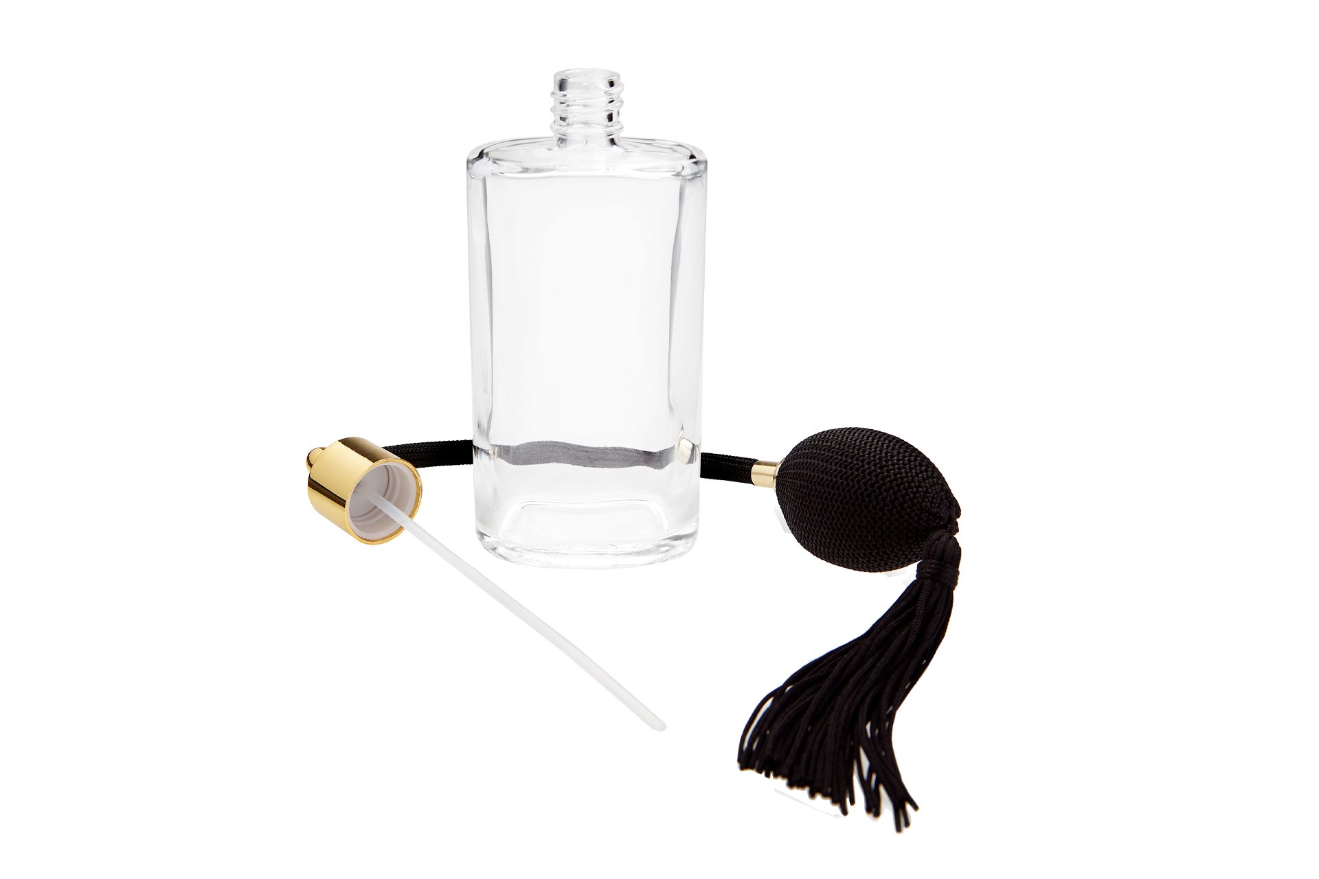 Fantasia Beauty Parfümzerstäuber Tischzerstäuber, Glas oval, mit Ballpumpe, schwarz-goldfarben, 100 ml (1 St), Parfüm-Zerstäuber