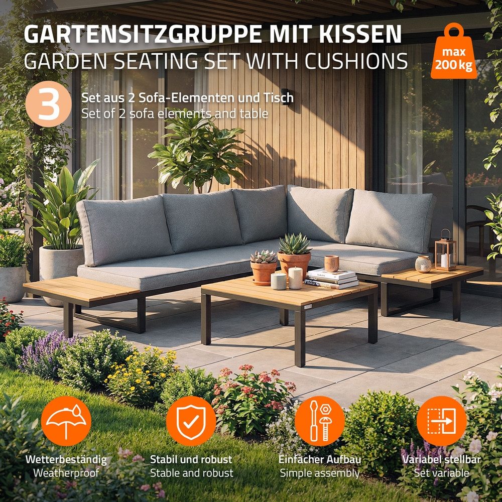 ML-DESIGN Gartenlounge-Set Gartenmöbel Set 3 tlg, Terrassenmöbel mit Couchtisch, Ecksofa & Kissen, wetterfest Sitzgruppe frei kombinierbar für Garten, Terrasse & Balkon