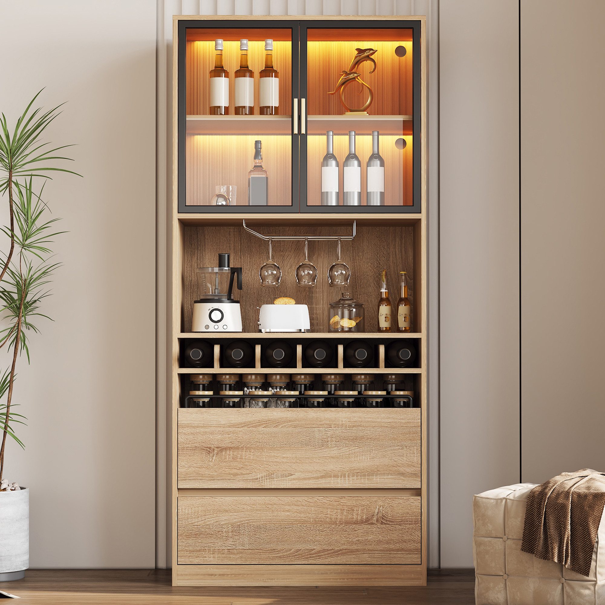 Flieks Küchenbuffet mit LED-Beleuchtung, Weinregal, Gläserhalter günstig online kaufen