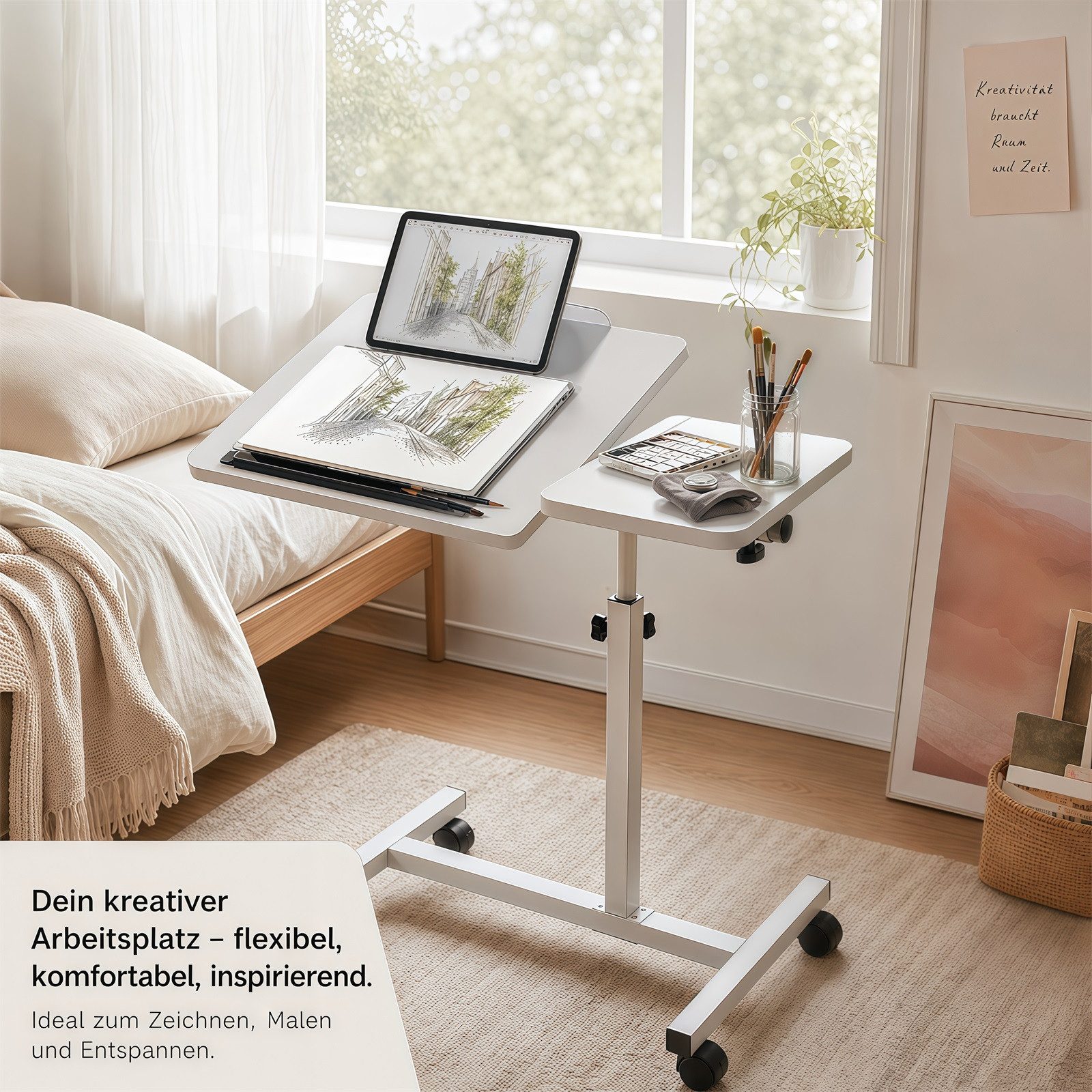 GLIESE Beistelltisch Mobiler Beistelltisch mit Rollen Neigefunktion für Bett & Sofa, Höhenverstellbar (60–90 cm), Neigbare Tischplatte (0–90) – Bild 5 von 5